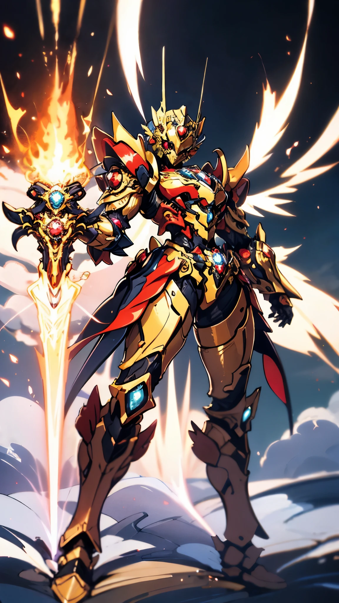 A woman adorned in fantasy-style full-body armor, a crown-concept fully enclosed helmet that unveils only her eyes, a composite layered chest plate, fully encompassing shoulder and hand guards, a lightweight waist armor, form-fitting shin guards, the overall design is heavy-duty yet flexible, ((the armor gleams with a golden glow, complemented by red and blue accents)), exhibiting a noble aura, she floats above a fantasy-surreal high-tech city, this character embodies a finely crafted fantasy-surreal style armored hero in anime style, exquisite and mature manga art style, (Queen bee mixed with Spider concept Armor, plasma, blood), ((Element, energy, elegant, goddess, femminine:1.5)), metallic, high definition, best quality, highres, ultra-detailed, ultra-fine painting, extremely delicate, professional, anatomically correct, symmetrical face, extremely detailed eyes and face, high quality eyes, creativity, RAW photo, UHD, 32k, Natural light, cinematic lighting, masterpiece-anatomy-perfect, masterpiece:1.5