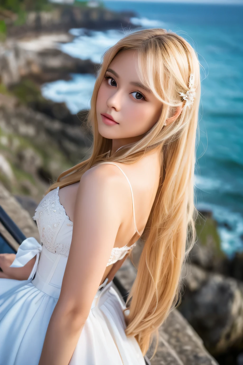 1 girl, alone, looking at the viewer, blonde long hair, Wearing a white corset, white stockings、big ass, brown eyes, Upper body, coastal rocks background, big , lips, realistic, königreuther、masterpiece, 最high quality, high quality, High resolution,