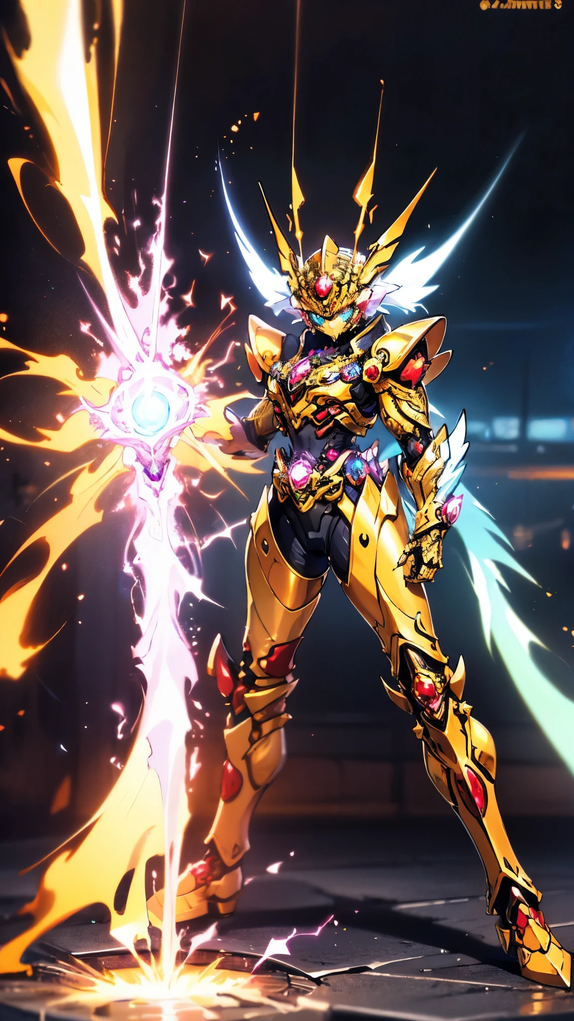 A woman adorned in fantasy-style full-body armor, a crown-concept fully enclosed helmet that unveils only her eyes, a composite layered chest plate, fully encompassing shoulder and hand guards, a lightweight waist armor, form-fitting shin guards, the overall design is heavy-duty yet flexible, ((the armor gleams with a golden glow, complemented by red and blue accents)), exhibiting a noble aura, she floats above a fantasy-surreal high-tech city, this character embodies a finely crafted fantasy-surreal style armored hero in anime style, exquisite and mature manga art style, (Queen bee mixed with Spider concept Armor, plasma, blood), ((Element, energy, elegant, goddess, femminine:1.5)), metallic, high definition, best quality, highres, ultra-detailed, ultra-fine painting, extremely delicate, professional, anatomically correct, symmetrical face, extremely detailed eyes and face, high quality eyes, creativity, RAW photo, UHD, 32k, Natural light, cinematic lighting, masterpiece-anatomy-perfect, masterpiece:1.5