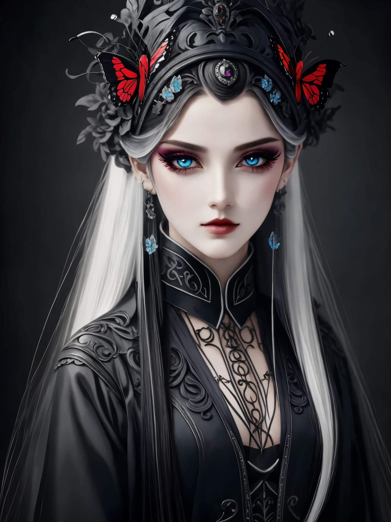 character table, official art, concept art, gothic style, butterfly on hair, long white hair, dark makeup, red eyes, Many details
