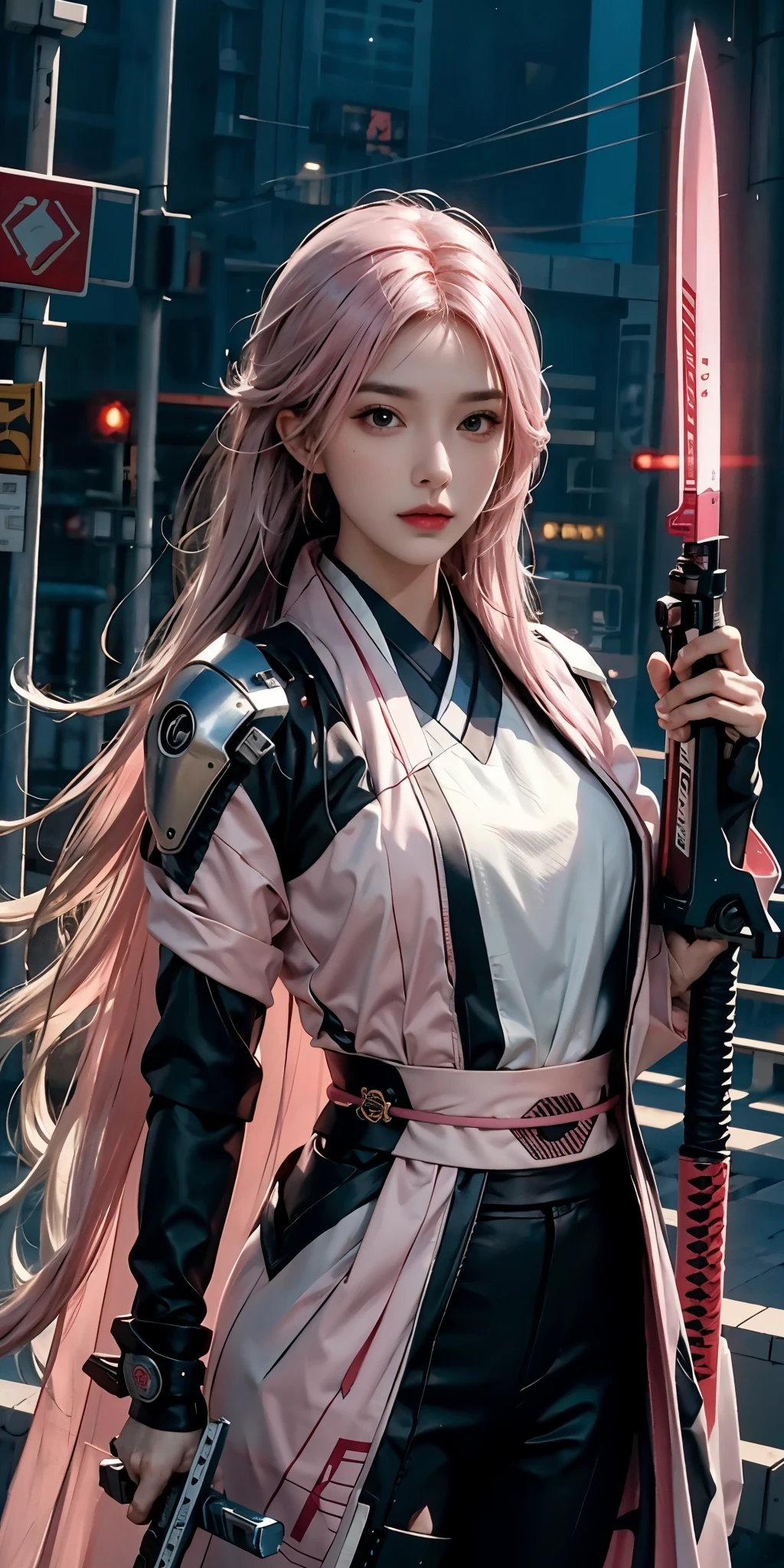 realistic, High resolution, soft light,1 female, alone, hip up, (detailed face), pink long hair, cyber samurai, cyborg, cyber punk,  cyber armor, hold a weapon,shine,gun, on the road , kimono , knife