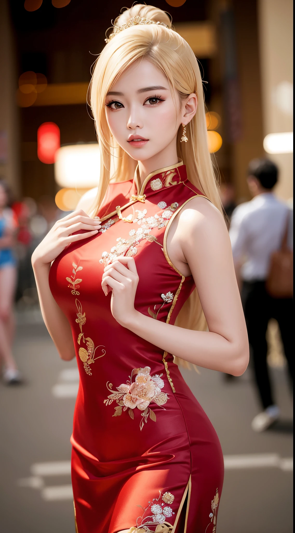 photorealistic, high resolution, soft light, 1women (charming Russian model Nata Lee), light blonde hair, solo, hips up, blue eyes, shining skin, (detailed face), Chinese female national costume ((yellow color), Chinese dragon pattern fabric), A very sexy Chinese cheongsam, The background is a Chinese style room.