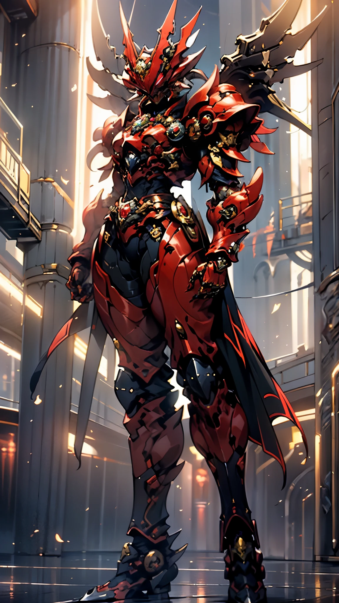 A woman adorned in fantasy-style full-body armor, a crown-concept fully enclosed helmet that unveils only her eyes, a composite layered chest plate, fully encompassing shoulder and hand guards, a lightweight waist armor, form-fitting shin guards, the overall design is heavy-duty yet flexible, ((the armor gleams with a golden glow, complemented by red and blue accents)), exhibiting a noble aura, she floats above a fantasy-surreal high-tech city, this character embodies a finely crafted fantasy-surreal style armored hero in anime style, exquisite and mature manga art style, (Queen bee mixed with Spider concept Armor, plasma, blood), ((Element, energy, elegant, goddess, femminine:1.5)), metallic, high definition, best quality, highres, ultra-detailed, ultra-fine painting, extremely delicate, professional, anatomically correct, symmetrical face, extremely detailed eyes and face, high quality eyes, creativity, RAW photo, UHD, 32k, Natural light, cinematic lighting, masterpiece-anatomy-perfect, masterpiece:1.5