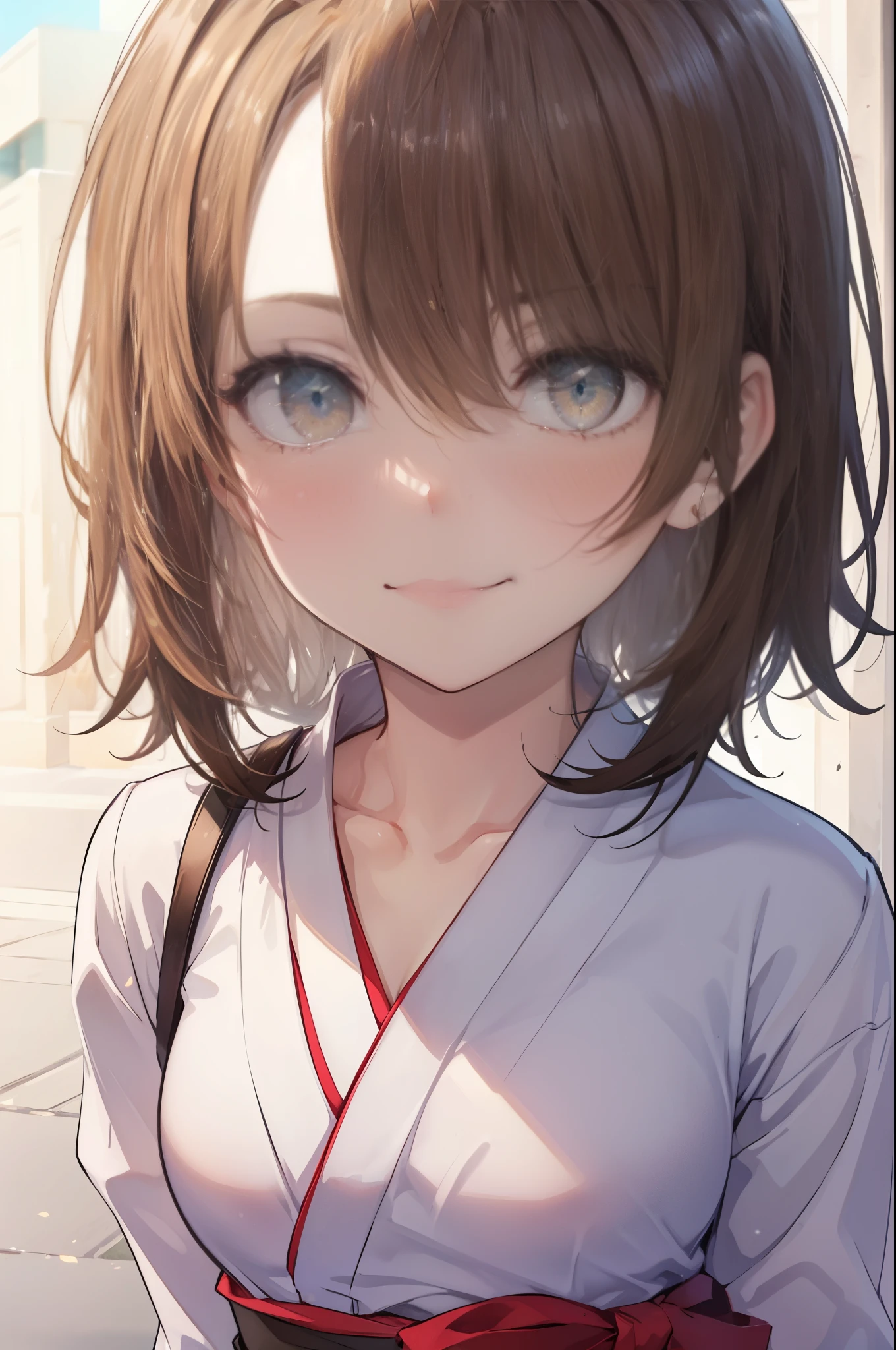 irohaisshiki, iroha isshiki, short hair, brown hair, (brown eyes:1.5), blush,smile,white yukata,red long hakama,white foot bag,Zori sandals,whole body,
break outdoors, shrine,
break looking at viewer,
break (masterpiece:1.2), highest quality, High resolution, unity 8k wallpaper, (figure:0.8), (detailed and beautiful eyes:1.6), highly detailed face, perfect lighting, Very detailed CG, (perfect hands, perfect anatomy),
