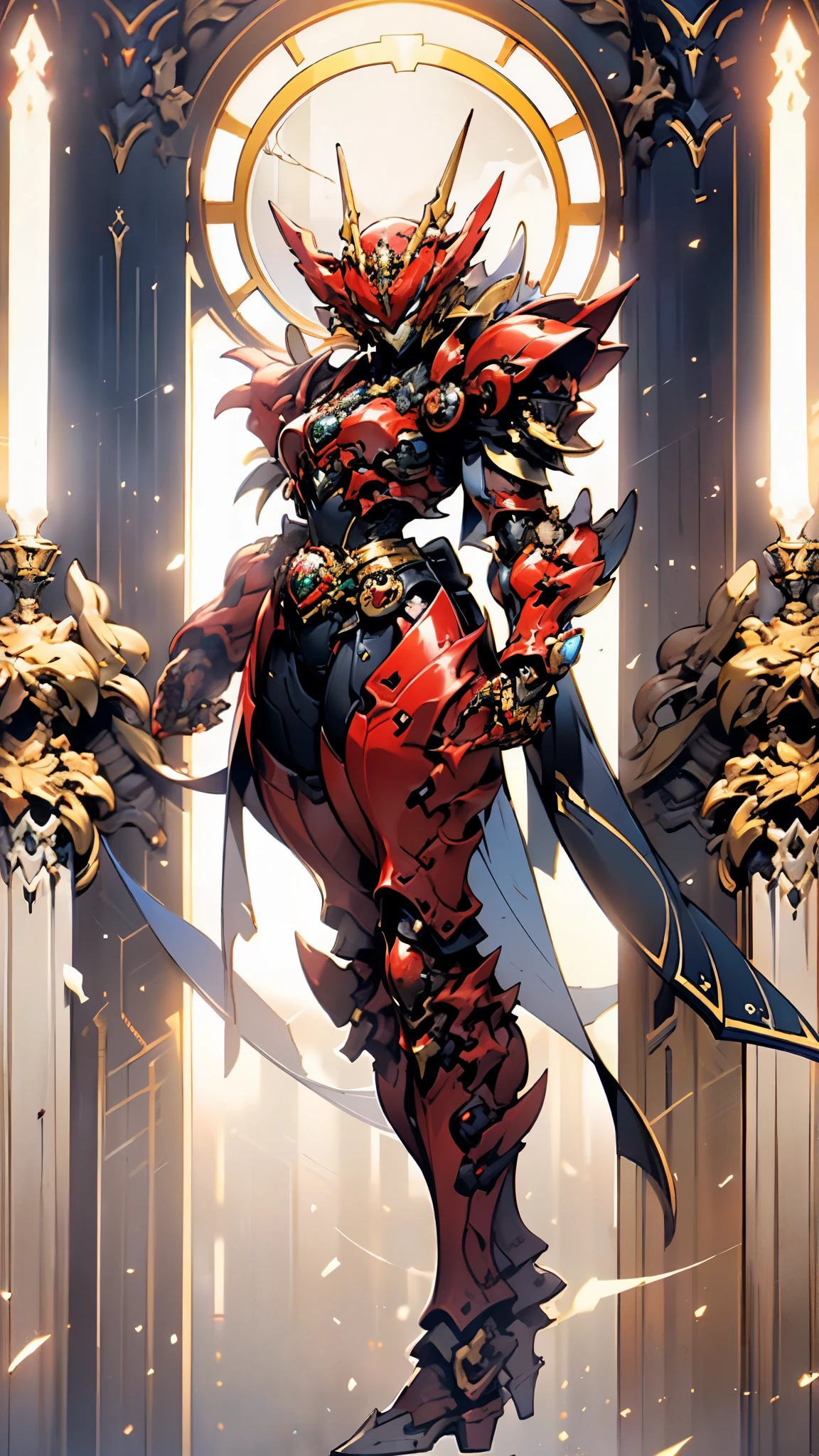 A woman adorned in fantasy-style full-body armor, a crown-concept fully enclosed helmet that unveils only her eyes, a composite layered chest plate, fully encompassing shoulder and hand guards, a lightweight waist armor, form-fitting shin guards, the overall design is heavy-duty yet flexible, ((the armor gleams with a golden glow, complemented by red and blue accents)), exhibiting a noble aura, she floats above a fantasy-surreal high-tech city, this character embodies a finely crafted fantasy-surreal style armored hero in anime style, exquisite and mature manga art style, (Queen bee mixed with Spider concept Armor, plasma, blood), ((Element, energy, elegant, goddess, femminine:1.5)), metallic, high definition, best quality, highres, ultra-detailed, ultra-fine painting, extremely delicate, professional, anatomically correct, symmetrical face, extremely detailed eyes and face, high quality eyes, creativity, RAW photo, UHD, 32k, Natural light, cinematic lighting, masterpiece-anatomy-perfect, masterpiece:1.5