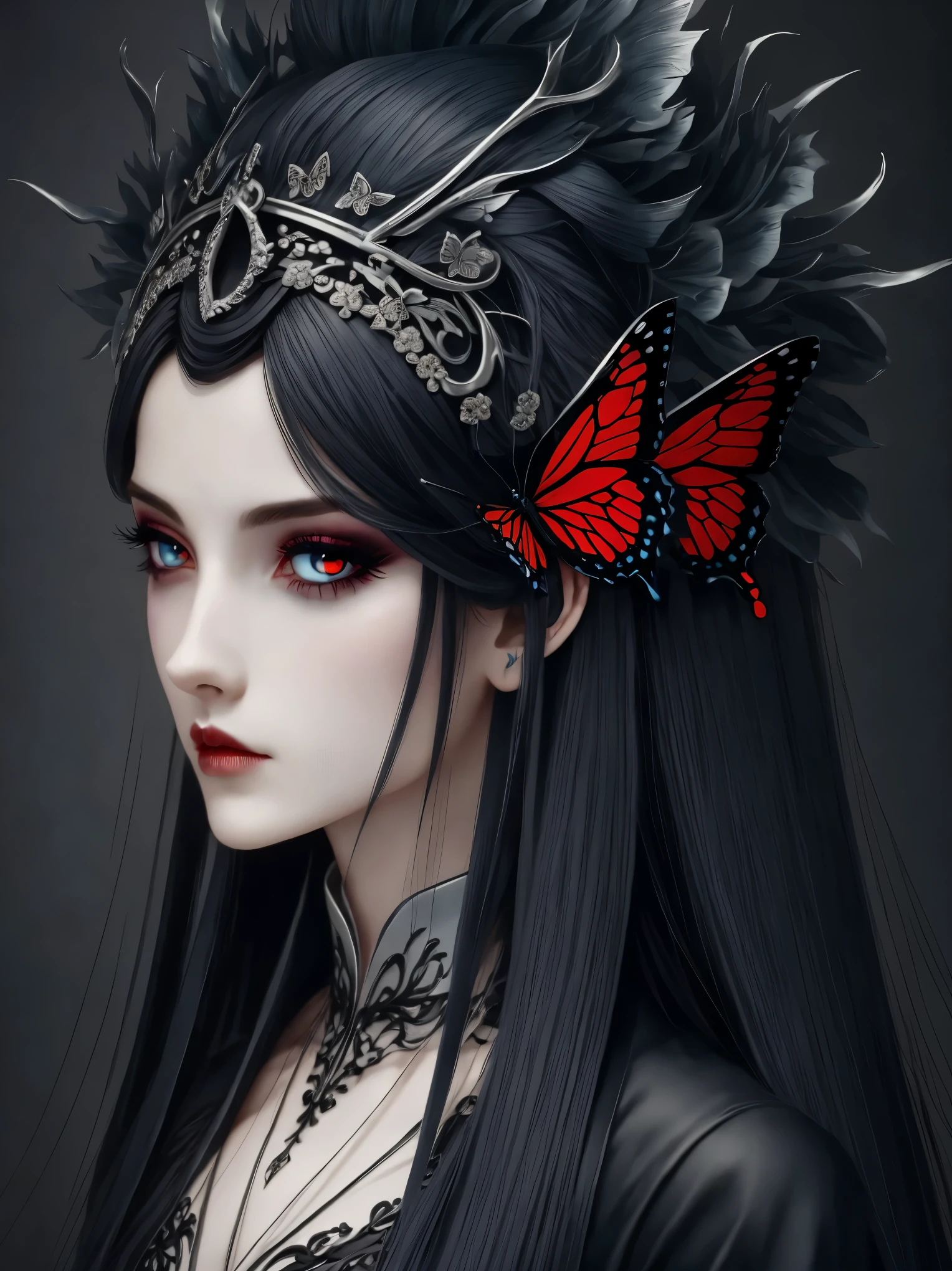 character table, official art, concept art, gothic style, butterfly on hair, long white hair, dark makeup, red eyes, Many details