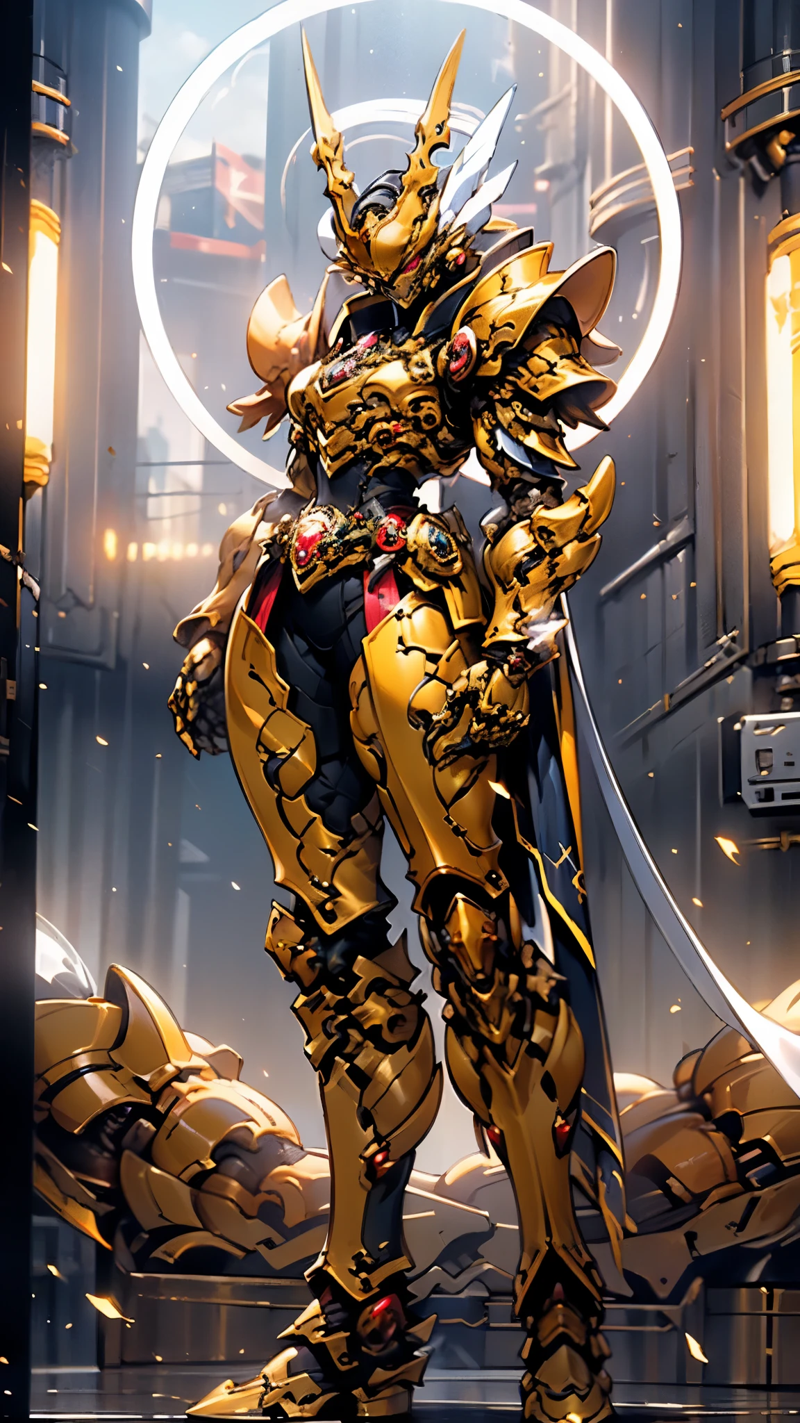 A woman adorned in fantasy-style full-body armor, a crown-concept fully enclosed helmet that unveils only her eyes, a composite layered chest plate, fully encompassing shoulder and hand guards, a lightweight waist armor, form-fitting shin guards, the overall design is heavy-duty yet flexible, ((the armor gleams with a golden glow, complemented by red and blue accents)), exhibiting a noble aura, she floats above a fantasy-surreal high-tech city, this character embodies a finely crafted fantasy-surreal style armored hero in anime style, exquisite and mature manga art style, (Queen bee mixed with Spider concept Armor, plasma, blood), ((Element, energy, elegant, goddess, femminine:1.5)), metallic, high definition, best quality, highres, ultra-detailed, ultra-fine painting, extremely delicate, professional, anatomically correct, symmetrical face, extremely detailed eyes and face, high quality eyes, creativity, RAW photo, UHD, 32k, Natural light, cinematic lighting, masterpiece-anatomy-perfect, masterpiece:1.5