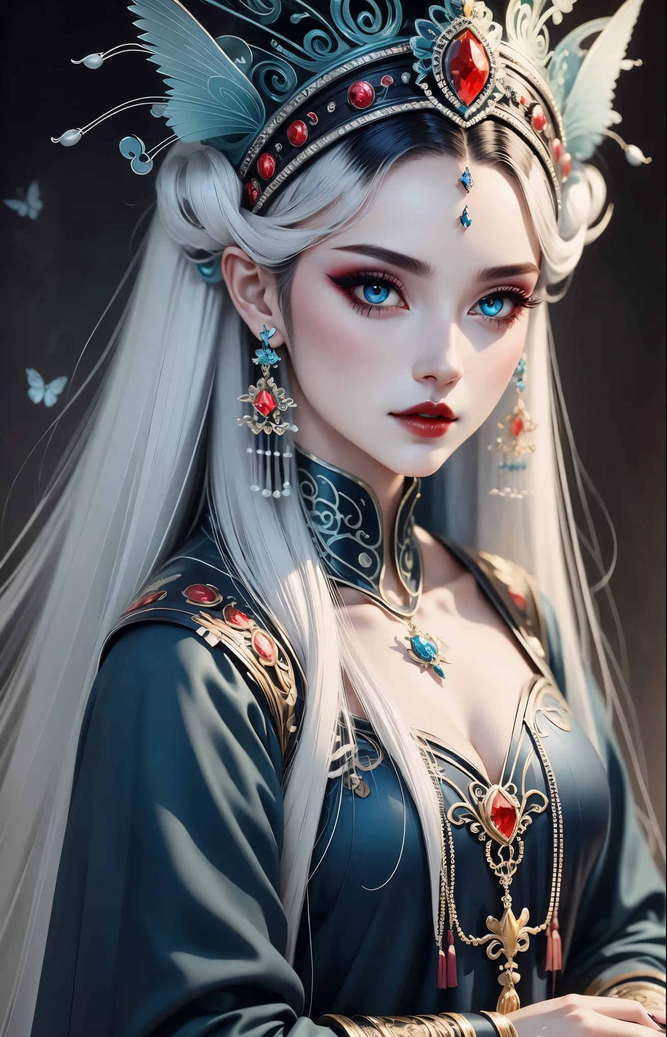 character table, official art, concept art, gothic style, 1 girl，butterfly on hair, Crown，jewelry，jade，long white hair, dark makeup, red eyes, Many details，clean background