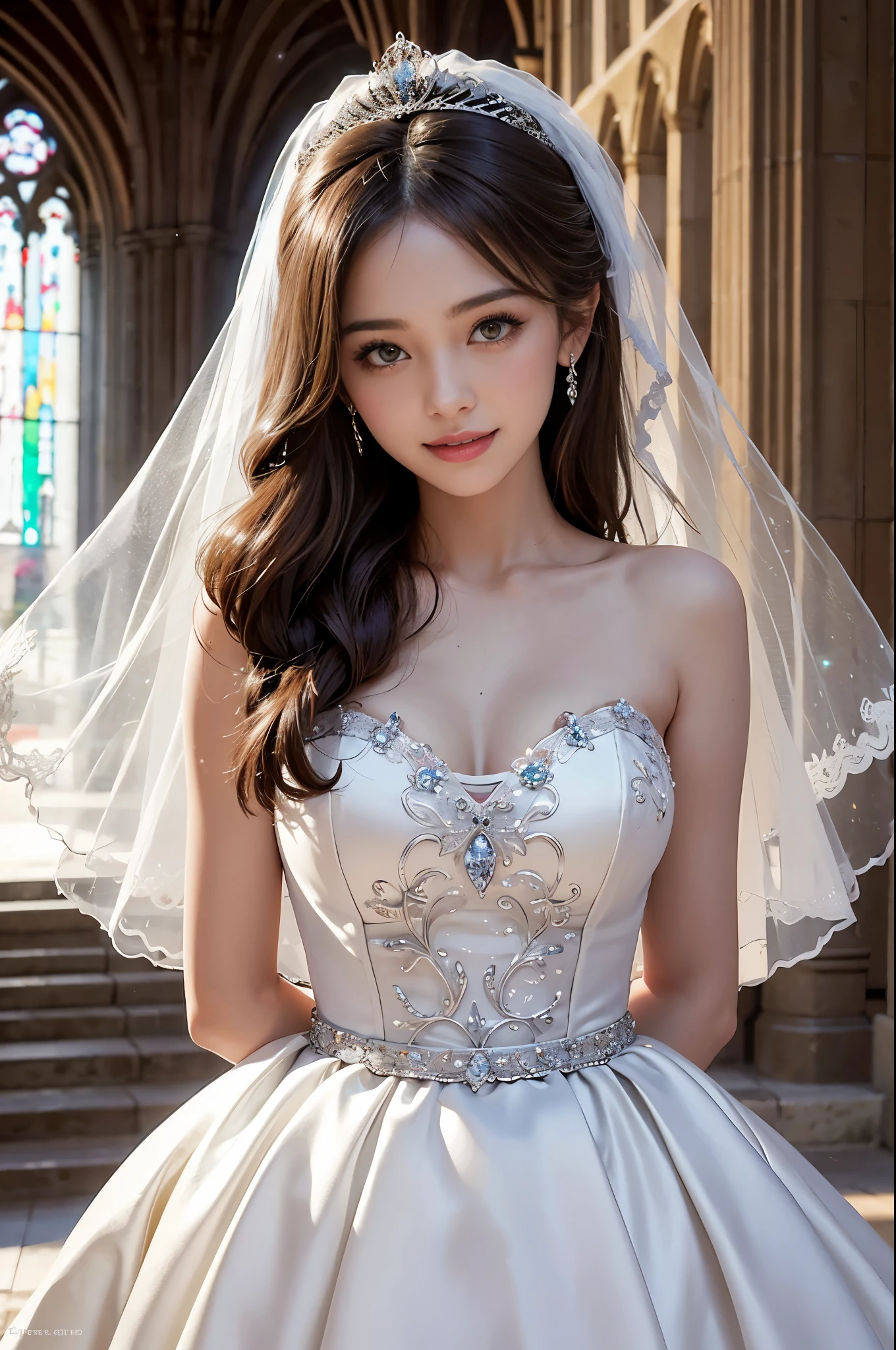 only 1 girl, huge laugh, sweet, Very pretty, beautiful, make her sit down, cute teen, sun glare, Conservative attire, wedding dress, bridal tiara, bridal veil, depth of field, blurred background, Cathedral Background, light particles, strong wind, head tilt, long hair