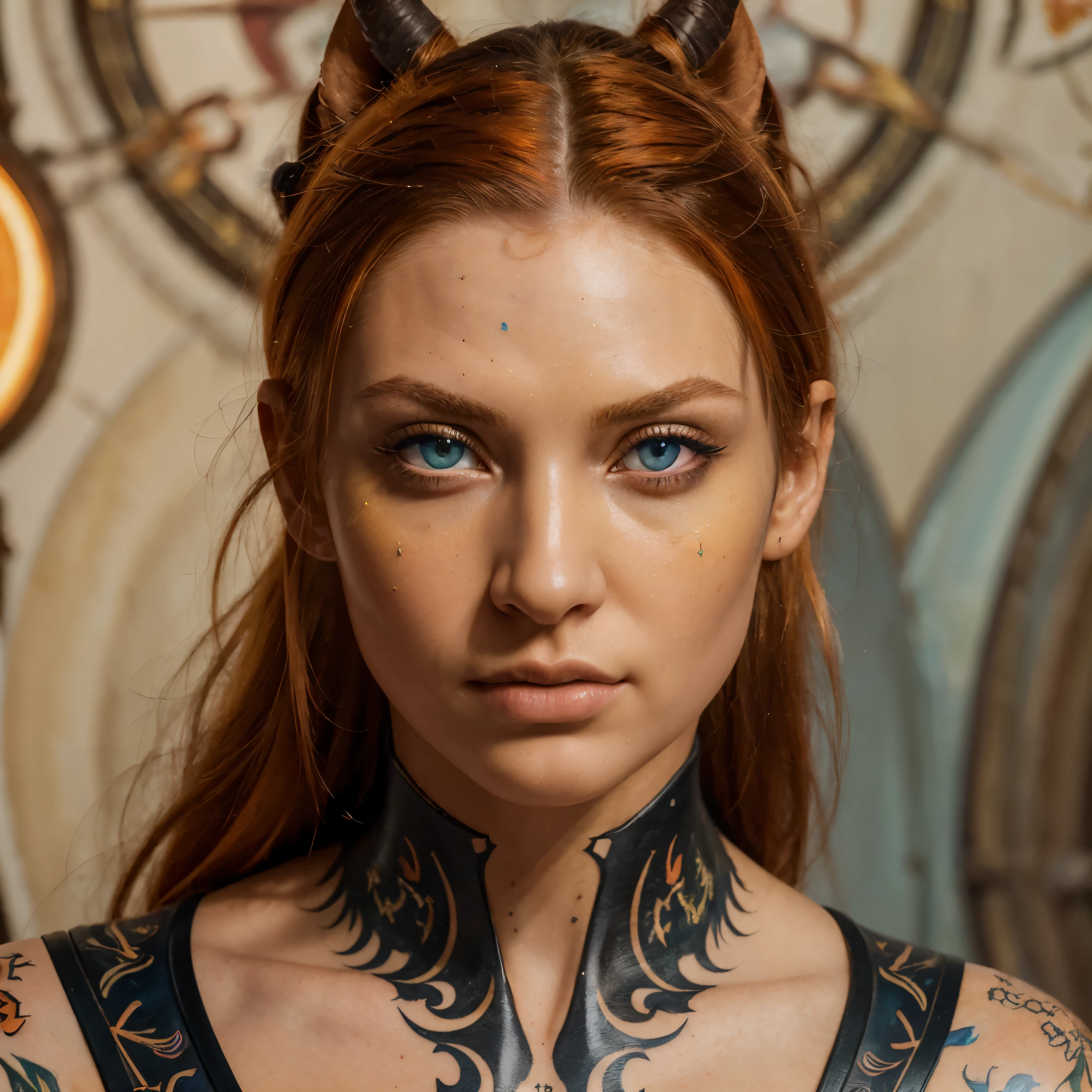 (((Masterpiece))), (((Best Quality: 1.4))), ((Super Detail: 1.4)) , hyper detailed gouache painting of a female Tiefling, gorgeous exotic features, amber neon eyes:1.5, orange hair, hyper detailed face features, expressivo face, detailed textures, blue skintone, tattoos, natural skin shader, volumetrics, warm undertones under her skin, ultra High resolution