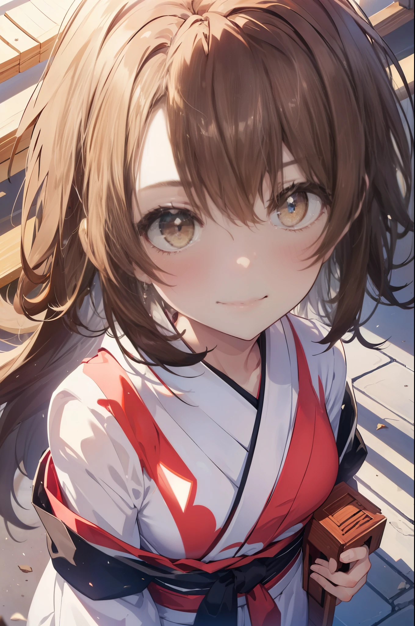 irohaisshiki, iroha isshiki, short hair, brown hair, (brown eyes:1.5), blush,smile,white yukata,red long hakama,white foot bag,Zori sandals,whole body,
break outdoors, shrine,
壊す looking at viewer　whole body, destroy looking down from above (masterpiece:1.2), highest quality, High resolution, unity 8k wallpaper, (figure:0.8), (detailed and beautiful eyes:1.6), highly detailed face, perfect lighting, Very detailed CG, (perfect hands, perfect anatomy),