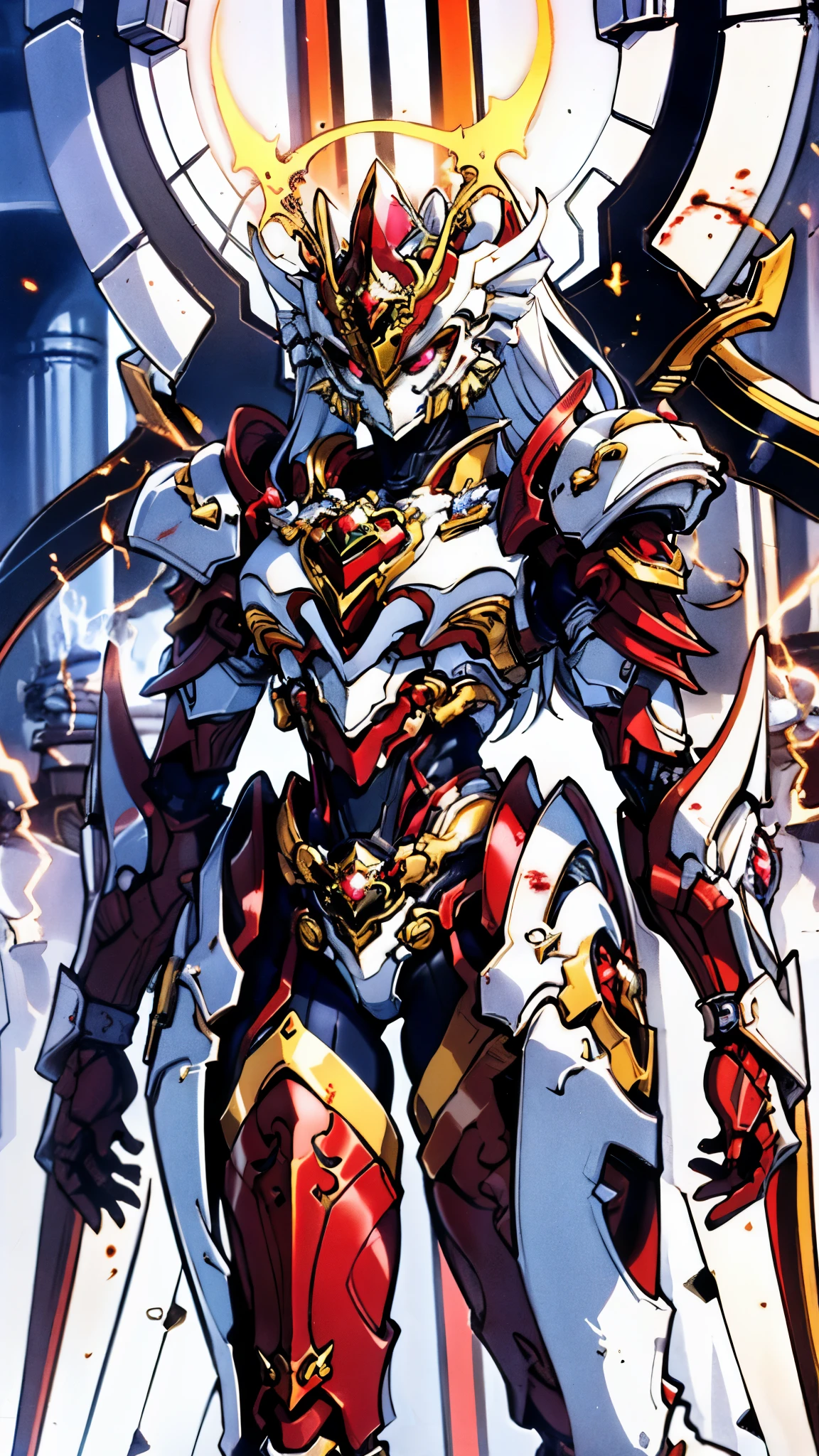 A woman adorned in fantasy-style full-body armor, a crown-concept fully enclosed helmet that unveils only her eyes, a composite layered chest plate, fully encompassing shoulder and hand guards, a lightweight waist armor, form-fitting shin guards, the overall design is heavy-duty yet flexible, ((the armor gleams with a golden glow, complemented by red and blue accents)), exhibiting a noble aura, she floats above a fantasy-surreal high-tech city, this character embodies a finely crafted fantasy-surreal style armored hero in anime style, exquisite and mature manga art style, (Queen bee mixed with Spider concept Armor, plasma, blood), ((Element, energy, elegant, goddess, femminine:1.5)), metallic, high definition, best quality, highres, ultra-detailed, ultra-fine painting, extremely delicate, professional, anatomically correct, symmetrical face, extremely detailed eyes and face, high quality eyes, creativity, RAW photo, UHD, 32k, Natural light, cinematic lighting, masterpiece-anatomy-perfect, masterpiece:1.5