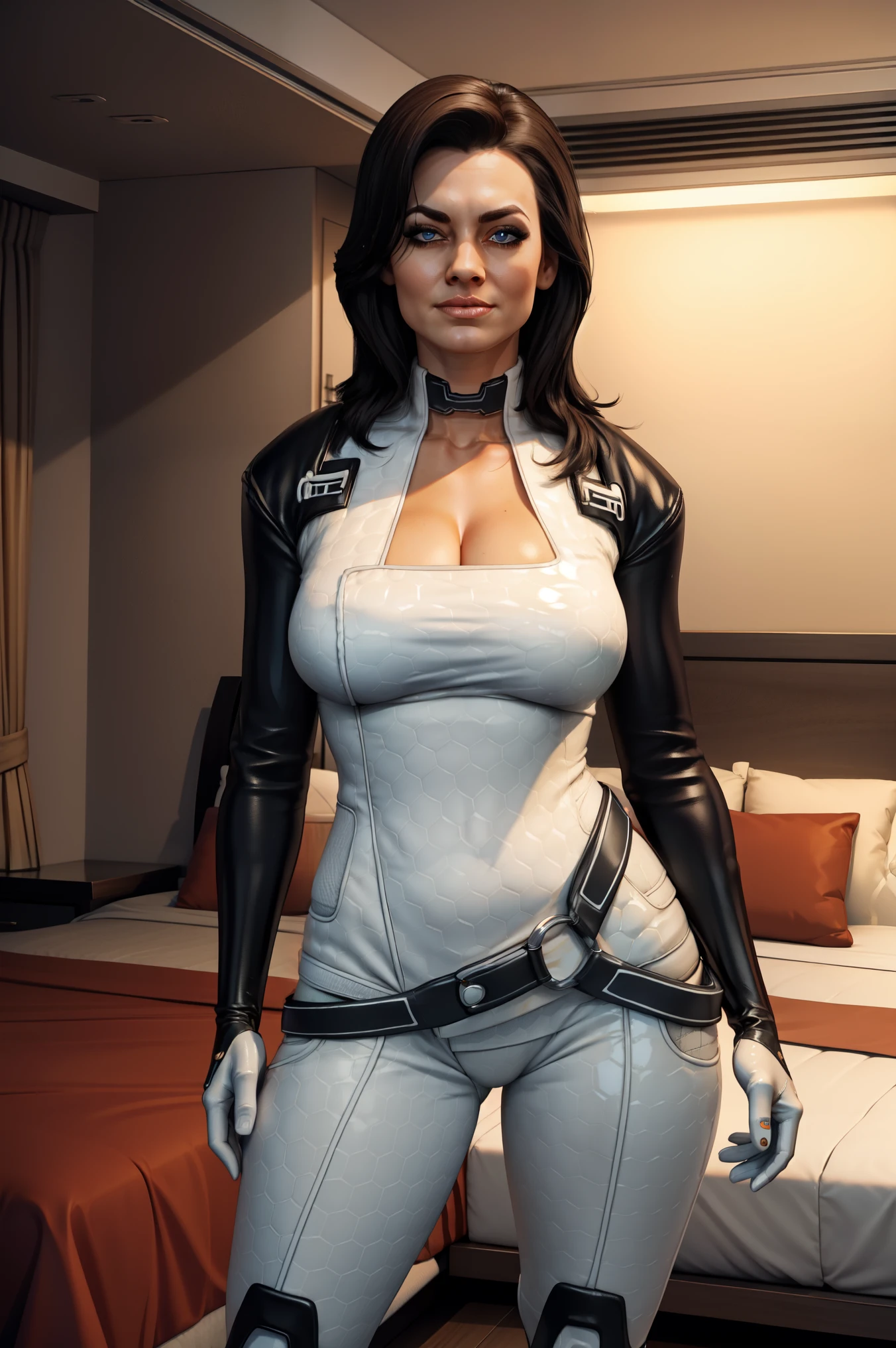 masterpiece, high detailed, best quality, highres:1.2, 1girl, solo, mature girl, Miranda Lawson, black hair, long hair, pretty face, blue eyes, bodysuit, choker, gloves, belt, boots, large breasts, cleavage, looking at viewer, indoors, spaceship interior, bedroom, standing, leaning to the camera, sexy pose, natural feminine hands, natural legs, full body shot, curious expression, opened mouth