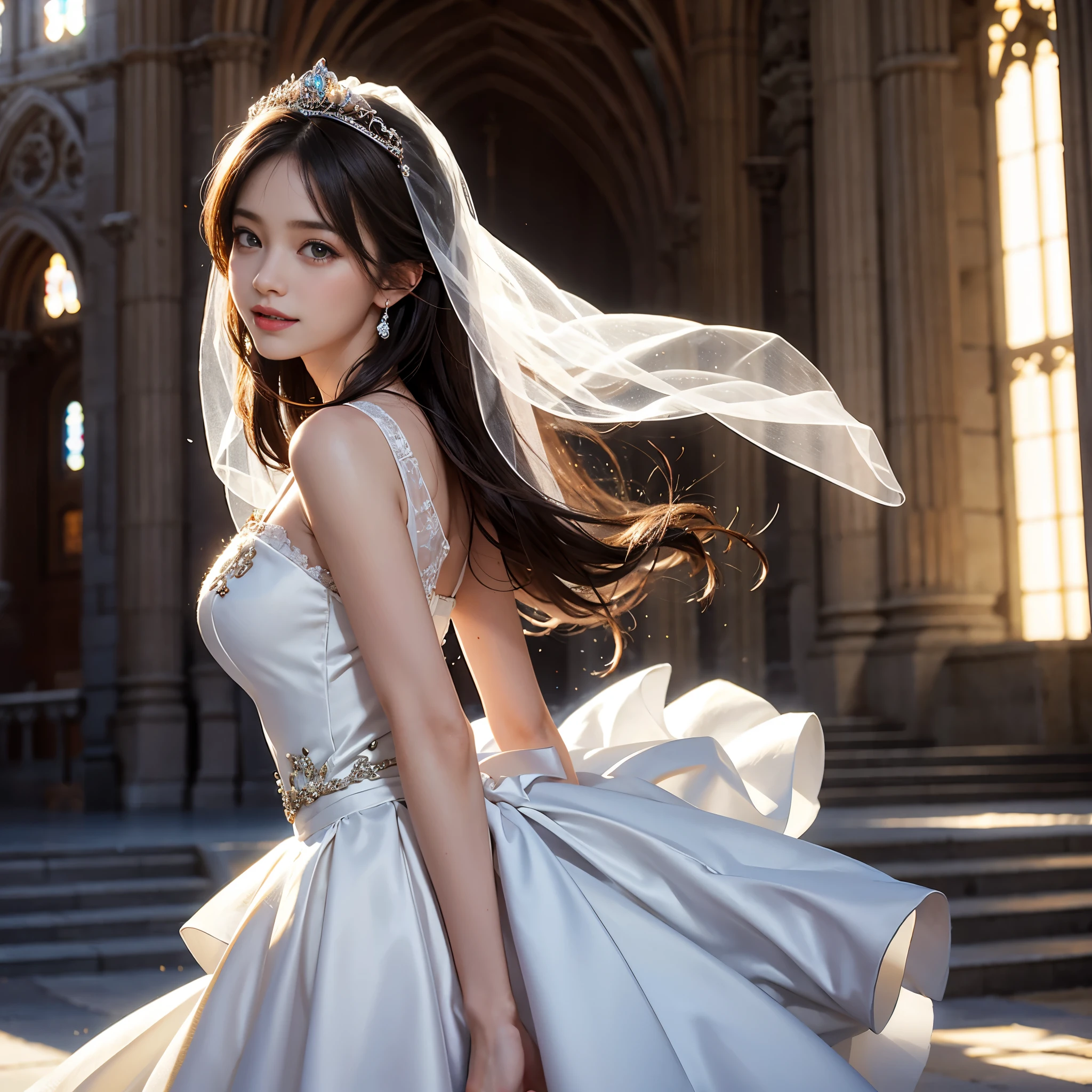 only 1 girl, huge laugh, sweet, Very pretty, beautiful, cute teen, sun glare, Conservative attire, wedding dress, bridal tiara, bridal veil, depth of field, blurred background, Cathedral Background, light particles, strong wind, head tilt, long hair, looking back