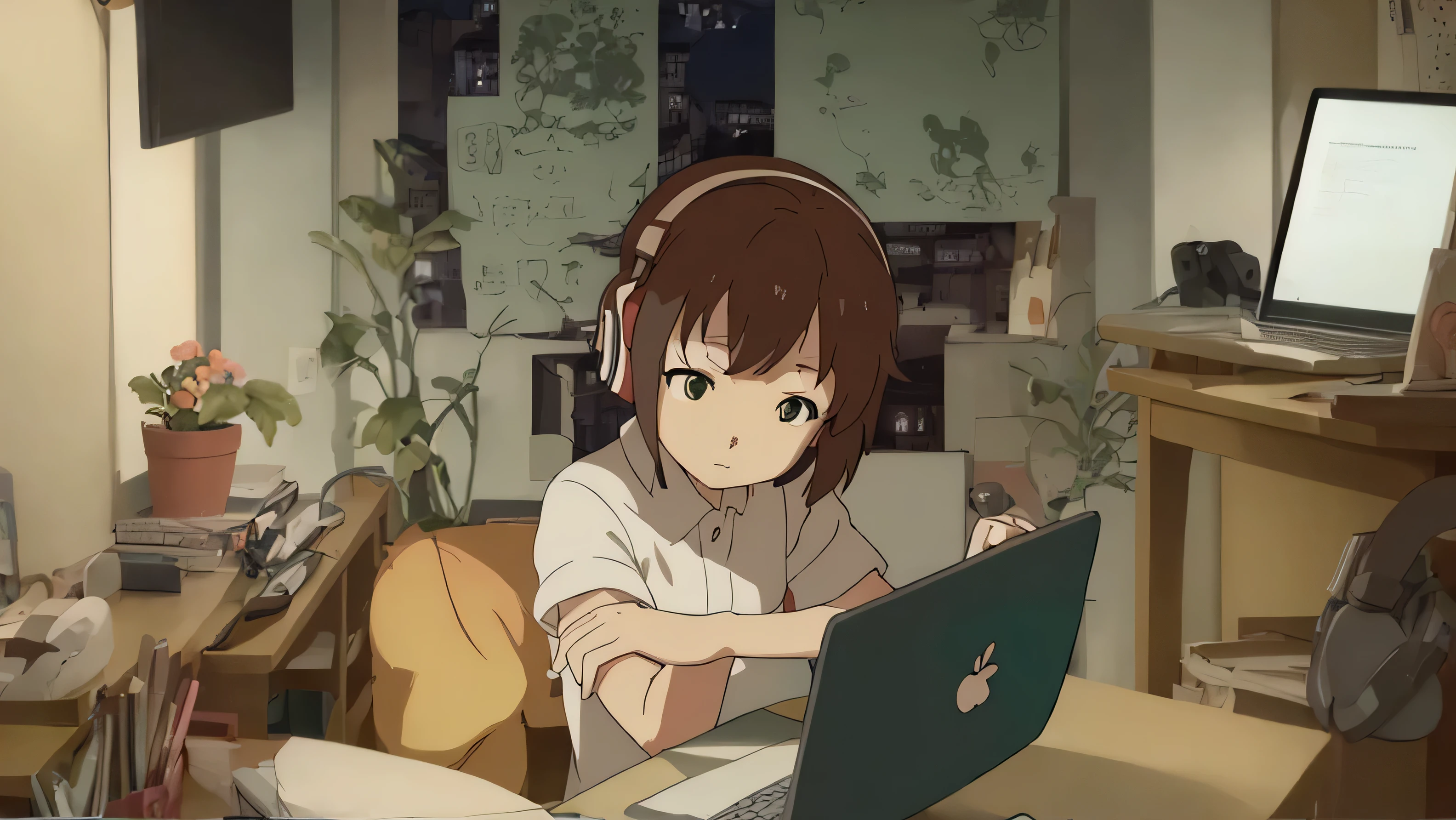 Cartoon character sitting at desk with laptop and headphones, praise girl, praise artstyle, Ghibli Anime Style style, Ghibli Anime Style, praise girl aesthetic, praise art, Chihiro! Fujisaki, praise colors, praise feel, praise, ghibli studio anime style, studio ghibli and shinkai makoto