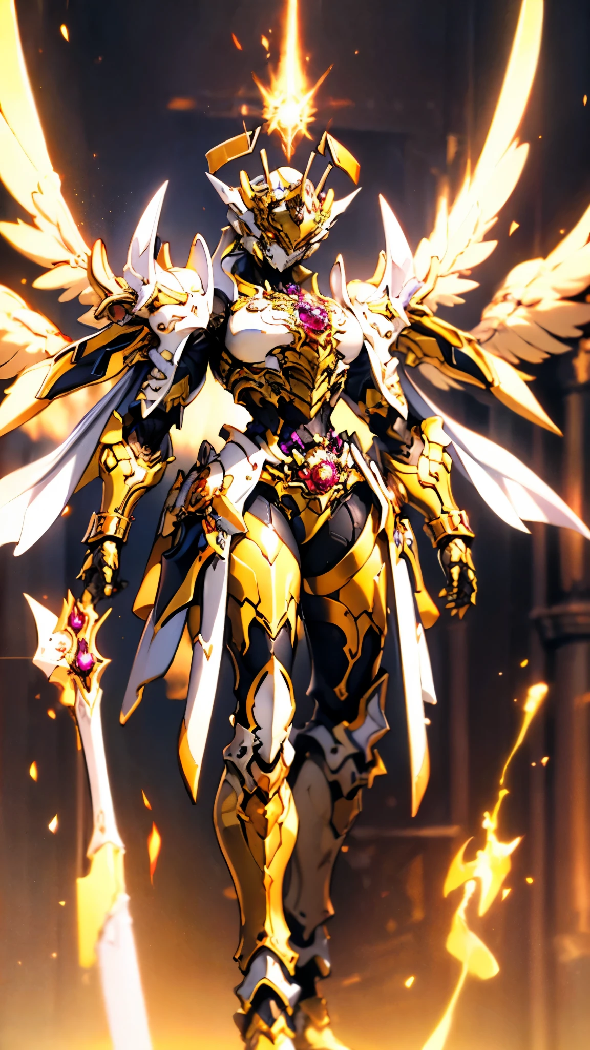 A woman adorned in fantasy-style full-body armor, a crown-concept fully enclosed helmet that unveils only her eyes, a composite layered chest plate, fully encompassing shoulder and hand guards, a lightweight waist armor, form-fitting shin guards, the overall design is heavy-duty yet flexible, ((the armor gleams with a golden glow, complemented by red and blue accents)), exhibiting a noble aura, she floats above a fantasy-surreal high-tech city, this character embodies a finely crafted fantasy-surreal style armored hero in anime style, exquisite and mature manga art style, (Queen bee mixed with Spider concept Armor, plasma, blood), ((Element, energy, elegant, goddess, femminine:1.5)), metallic, high definition, best quality, highres, ultra-detailed, ultra-fine painting, extremely delicate, professional, anatomically correct, symmetrical face, extremely detailed eyes and face, high quality eyes, creativity, RAW photo, UHD, 32k, Natural light, cinematic lighting, masterpiece-anatomy-perfect, masterpiece:1.5