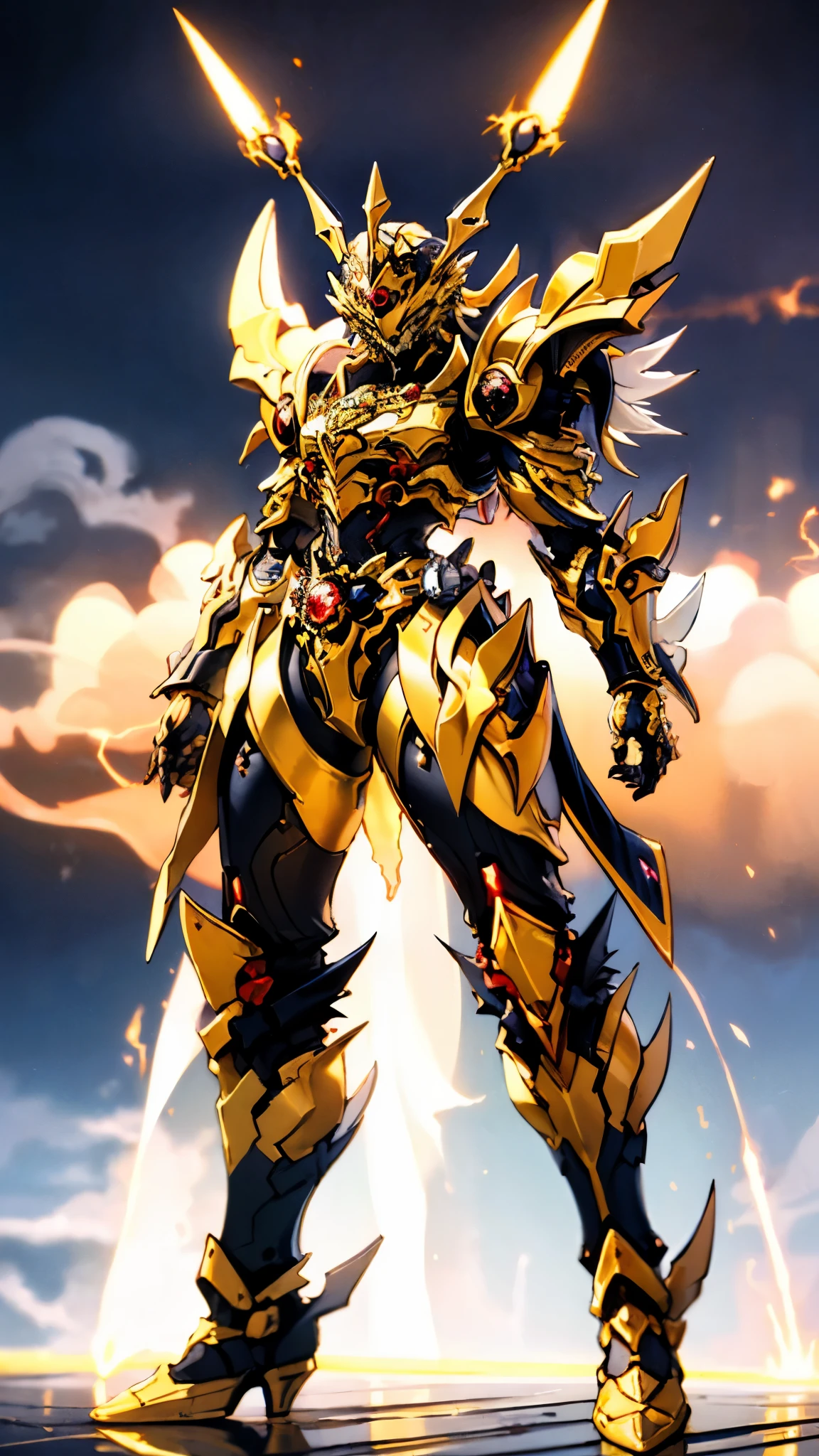 A woman adorned in fantasy-style full-body armor, a crown-concept fully enclosed helmet that unveils only her eyes, a composite layered chest plate, fully encompassing shoulder and hand guards, a lightweight waist armor, form-fitting shin guards, the overall design is heavy-duty yet flexible, ((the armor gleams with a golden glow, complemented by red and blue accents)), exhibiting a noble aura, she floats above a fantasy-surreal high-tech city, this character embodies a finely crafted fantasy-surreal style armored hero in anime style, exquisite and mature manga art style, (Queen bee mixed with Spider concept Armor, plasma, blood), ((Element, energy, elegant, goddess, femminine:1.5)), metallic, high definition, best quality, highres, ultra-detailed, ultra-fine painting, extremely delicate, professional, anatomically correct, symmetrical face, extremely detailed eyes and face, high quality eyes, creativity, RAW photo, UHD, 32k, Natural light, cinematic lighting, masterpiece-anatomy-perfect, masterpiece:1.5