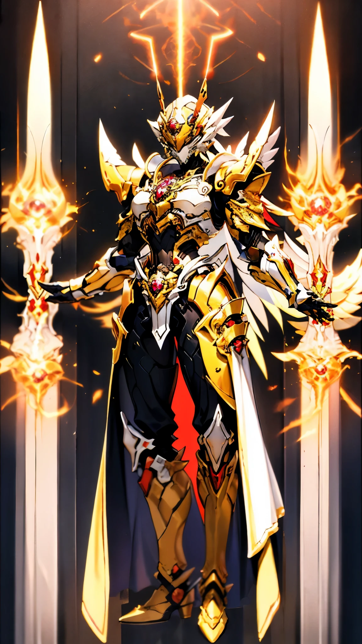 A woman adorned in fantasy-style full-body armor, a crown-concept fully enclosed helmet that unveils only her eyes, a composite layered chest plate, fully encompassing shoulder and hand guards, a lightweight waist armor, form-fitting shin guards, the overall design is heavy-duty yet flexible, ((the armor gleams with a golden glow, complemented by red and blue accents)), exhibiting a noble aura, she floats above a fantasy-surreal high-tech city, this character embodies a finely crafted fantasy-surreal style armored hero in anime style, exquisite and mature manga art style, (Queen bee mixed with Spider concept Armor, plasma, blood), ((Element, energy, elegant, goddess, femminine:1.5)), metallic, high definition, best quality, highres, ultra-detailed, ultra-fine painting, extremely delicate, professional, anatomically correct, symmetrical face, extremely detailed eyes and face, high quality eyes, creativity, RAW photo, UHD, 32k, Natural light, cinematic lighting, masterpiece-anatomy-perfect, masterpiece:1.5