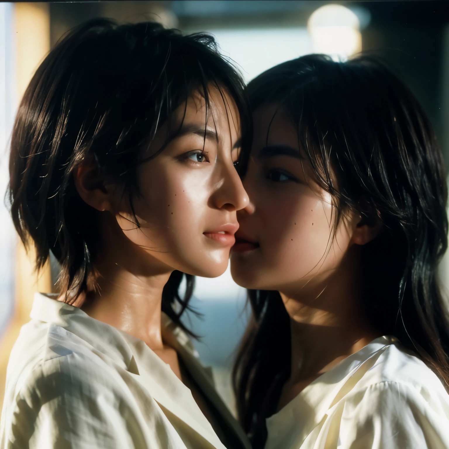 (table top, highest quality, beautiful quality), (realistic:1.4), (detailed lighting, highly detailed skin, very fine hair, shadowy, 8k,  with baby face、Identical twin sisters of girls:1.2), looking at the viewer, (high key lighting), highest quality, official art, unity 8k wallpaper, 超A high resolution, Kiss、lesbian、love、super detailed, beautiful and aesthetic