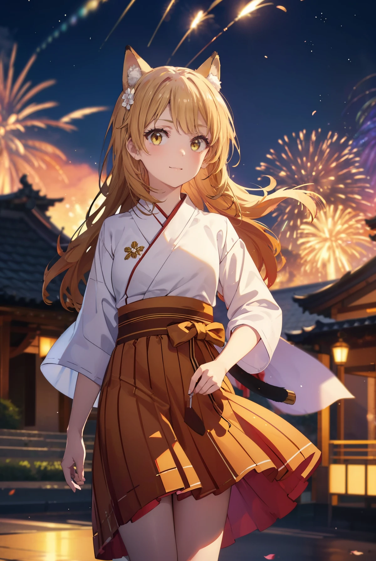 irohaisshiki, Isshiki Iroha, long hair, brown hair, (brown eyes:1.5), smile,animal ears,fox ears,fox tail,flower hair ornament,Yukata with yellow floral pattern,long skirt,Zori sandals,firework in the night sky,firework,The place is a firework display,Time is night,sunny day,So that the whole body is included in the illustration,
break outdoors, 神社
break looking at viewer,
break (masterpiece:1.2), highest quality, High resolution, unity 8k wallpaper, (shape:0.8), (beautiful and detailed eyes:1.6), highly detailed face, perfect lighting, Very detailed CG, (perfect hands, perfect ???????),