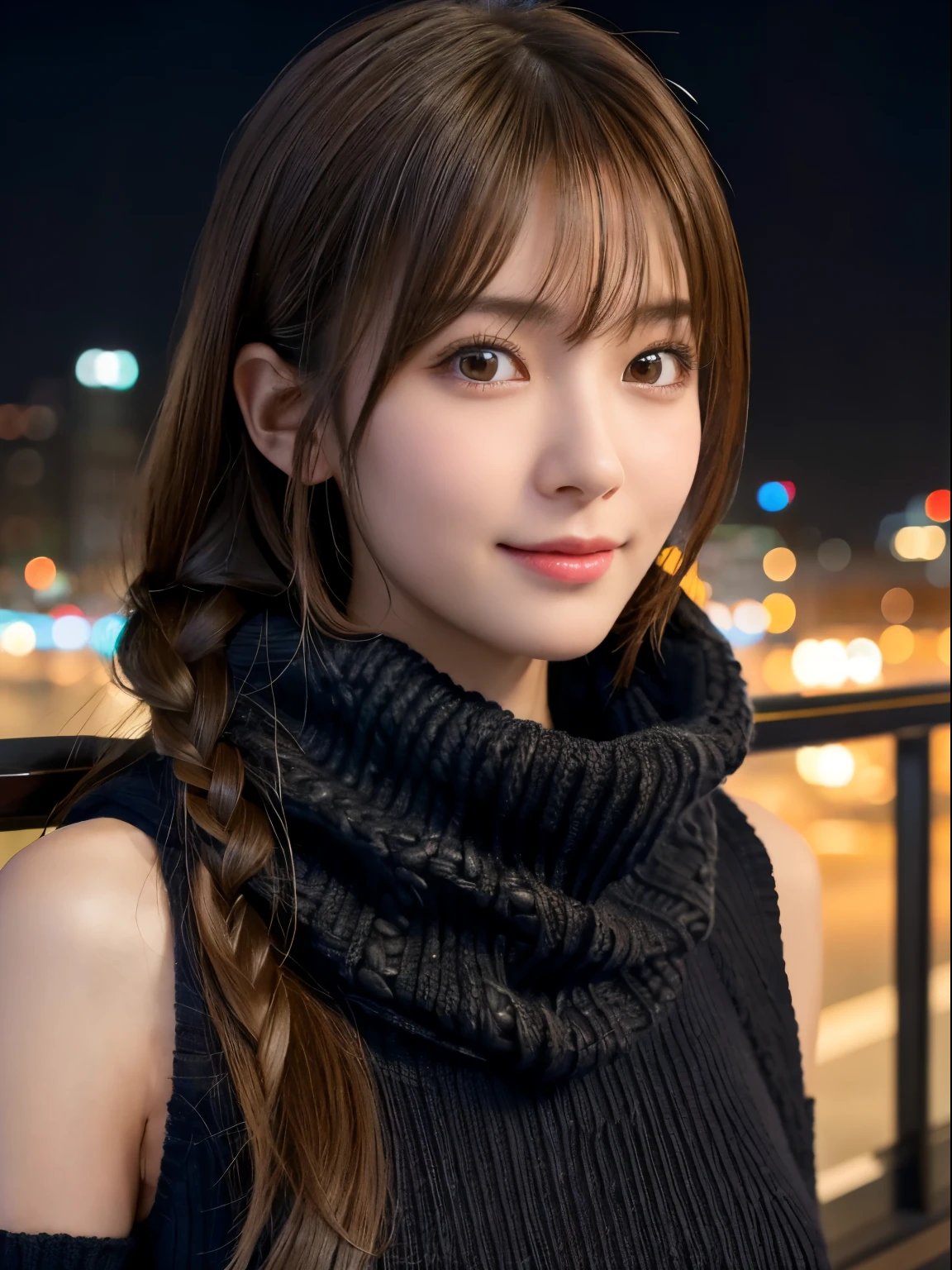 1 Japanese girl,(black sweater:1.4),(She wears a knitted snood around her neck to hide her chin..:1.5), (RAW photo, highest quality), (realistic, Photoreal:1.4), table top, very delicate and beautiful, very detailed, 8k wallpaper, wonderful, finely, very detailed CG Unity, High resolution, soft light, Beautiful detailed 19 year old, very detailed目と顔, beautifully detailed nose, detailed and beautiful eyes,cinematic lighting,night city lights,perfect anatomy,slender body,smile (hair is dirty, asymmetrical bangs, light brown hair,)