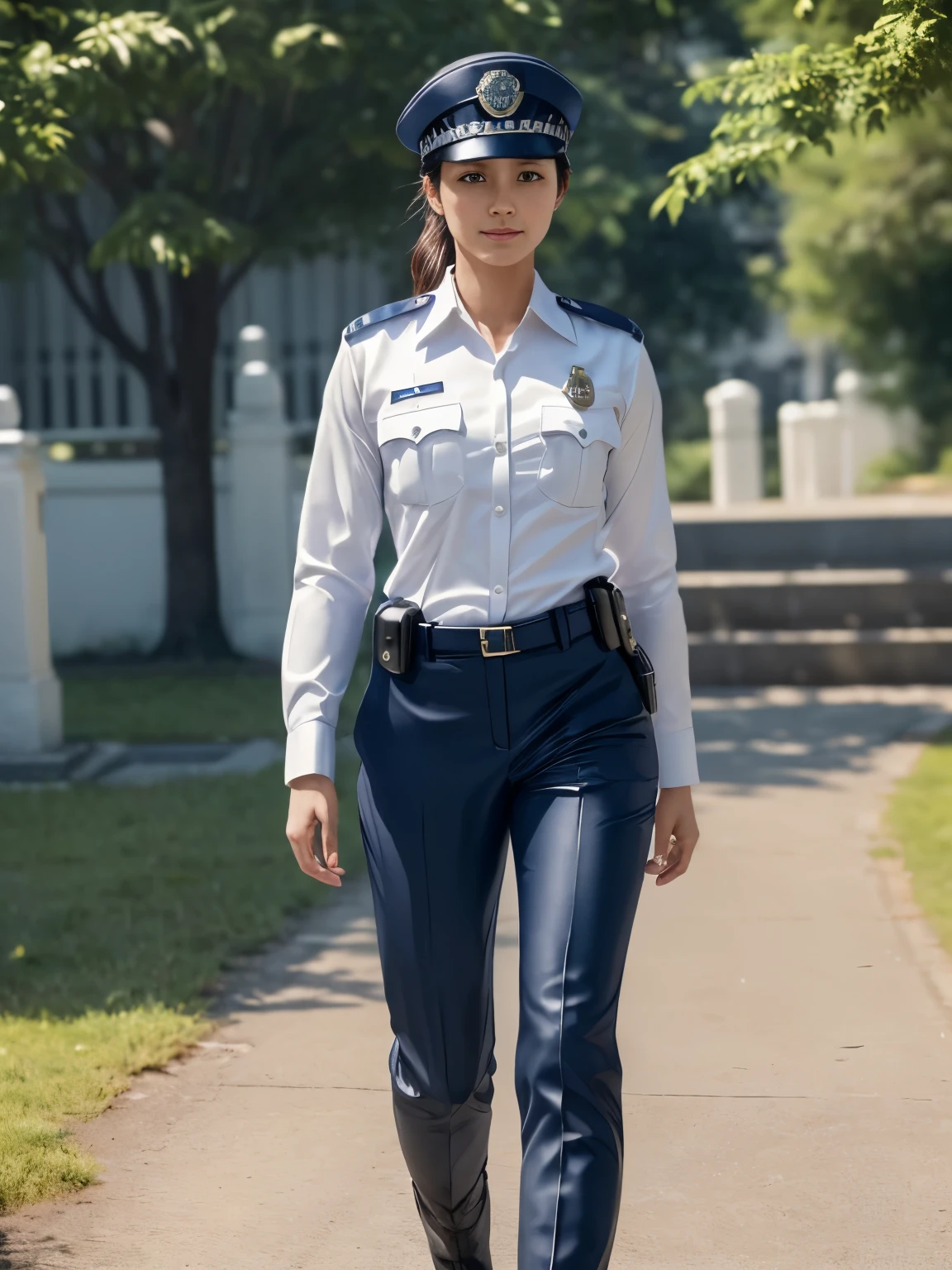 (realistic:1.5), 8k, super delicate beauty, 1 girl, (a sunny day:1.5), intricate body details (highest quality: 1.0), (Super high sharpness: 1.0),(Beautiful and delicate depiction of eyes),unreal engine:1.4,photorealistic:1.4, skin texture:1.4, masterpiece:1.8, smile、long legs、(((A female police officer wearing a white police uniform with a long-sleeved white shirt, dark blue slacks, and long boots.)))、full body shot