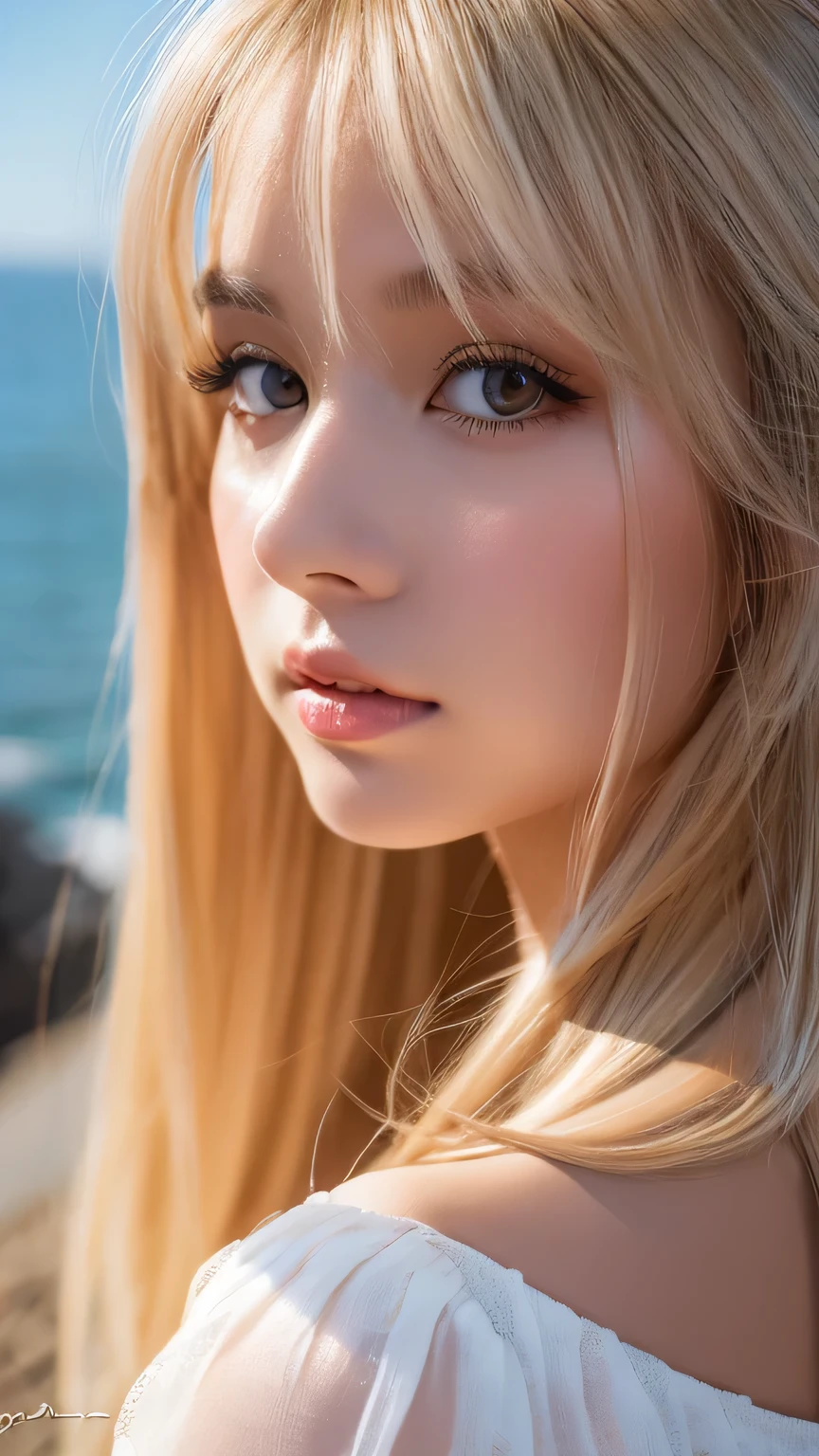 Sexy Big 、Sexy cute looks and cute 15 year old beautiful girl, beautiful and sexy face、A strong wind blows my hair in front of my face、With straight blonde hair、beautiful, Cute and sexy eyes hidden behind long bangs。