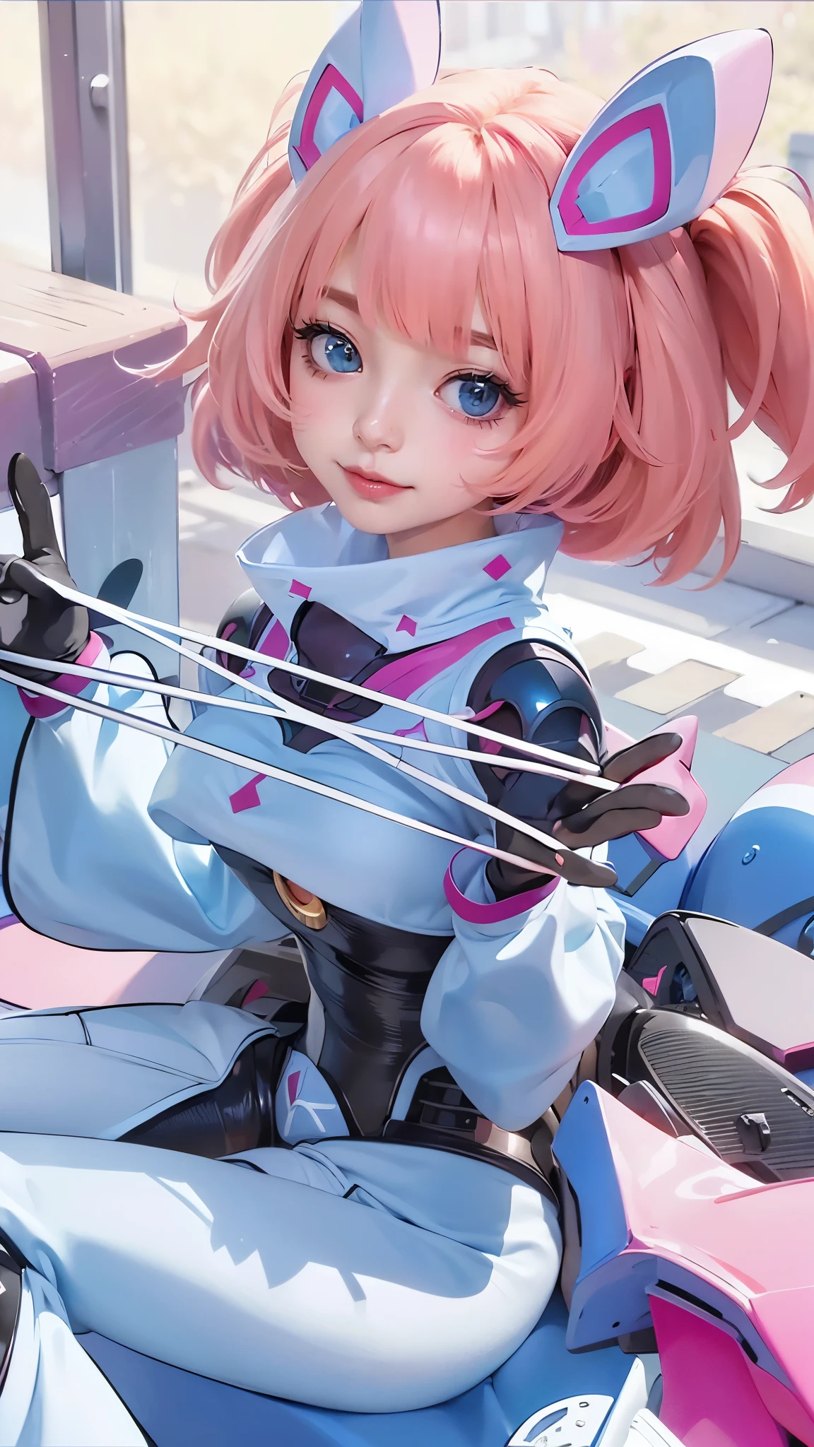(8k, RAW photo, photorealistic:1.25) ,( lipgloss, eyelashes, gloss-face, glossy skin, best quality, ultra highres, depth of field, chromatic aberration, caustics, Broad lighting, natural shading, looking at viewer with a serene and goddess-like happiness, anime girl with pink hair and blue eyes sitting on a motorcycle, best anime 4k konachan wallpaper, female protagonist 👀 :8, detailed key anime art, macross delta splash art, pink twintail hair and cyan eyes, with index finger, anime style 4 k, nanogirlv 2, shining pink armor, female protagonist, anime cover.