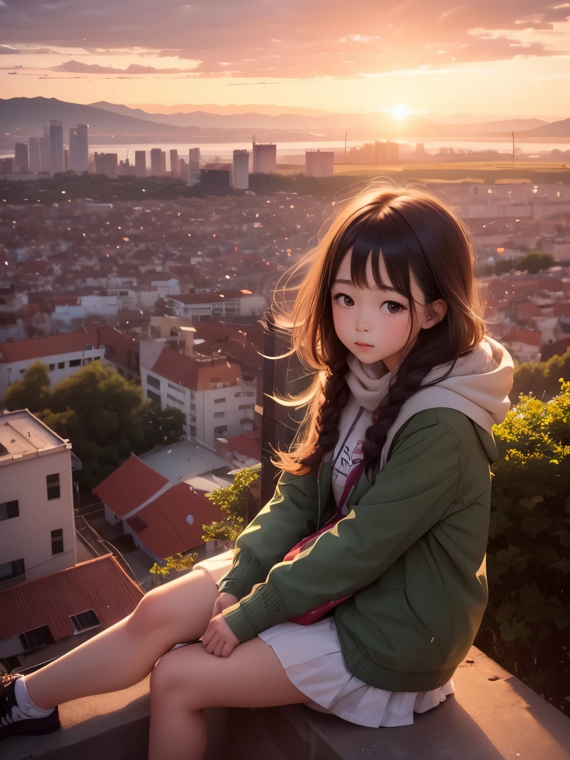 Oh, sweet sweet anc cute cute cute !!! a girl sitting on a hill watches the sunset over the city.