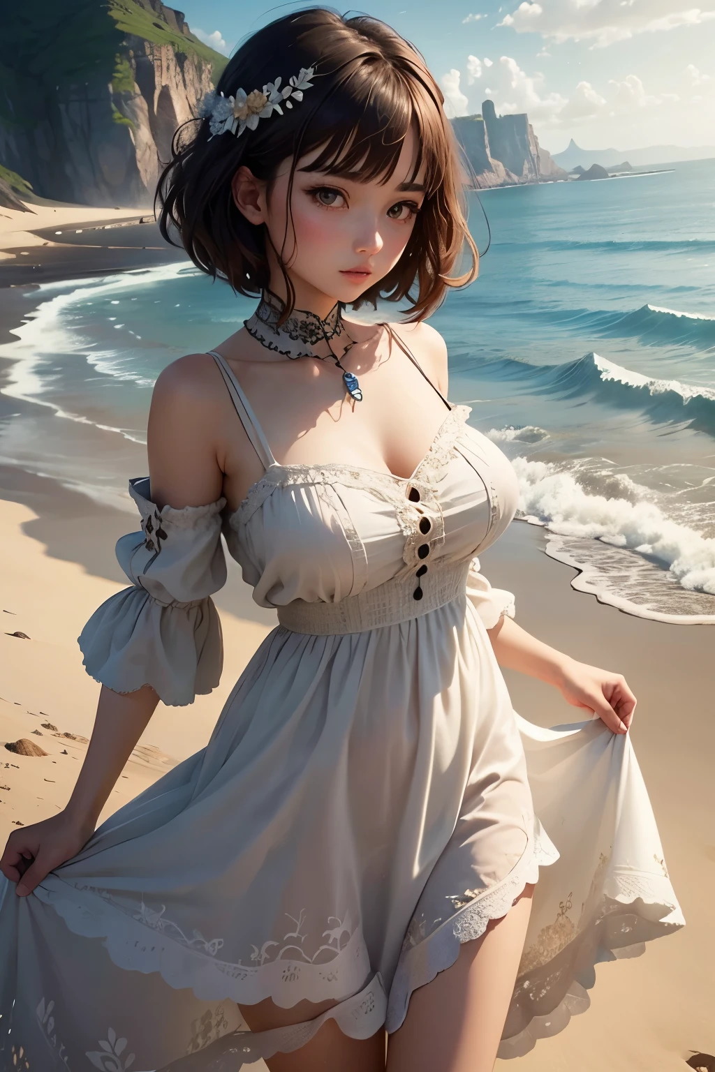 masterpiece、Massive landscape((Mysterious Sea、sand beach))、a beauty girl、huge tit、Brown hair short hair、Embroidery on a long dress 、hair adornments