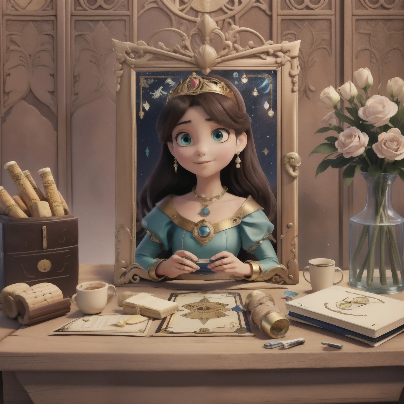 (Masterpiece, Need, Ultra Exquisite, High Resolution), (Tarot Card, Game King Card, Card Border: 1.5, Frame: 1.5), (Naive, 𝓡𝓸𝓶𝓪𝓷𝓽𝓲𝓬, Adventure, Travel Elements), Background Cliff, Princess, Flowers, Night, Meteor Shower)