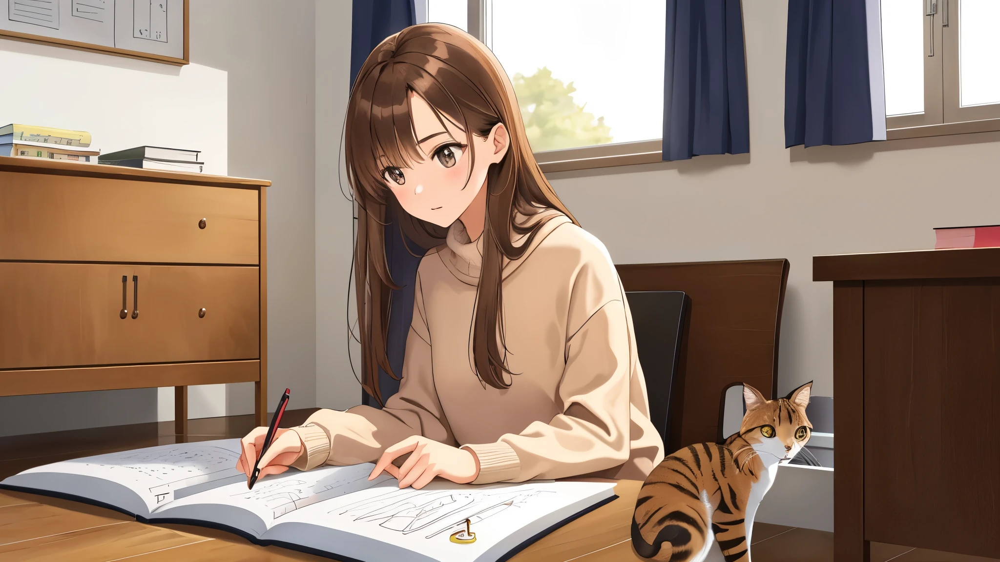 A tall slender brown-haired girl studying while drawing with a pencil on a notebook in her room student There are also several cats rain