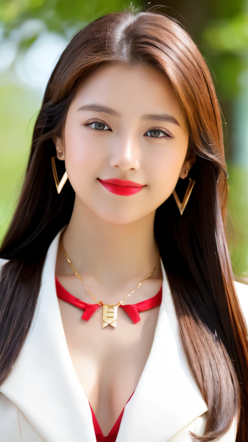 best quality, ultra-high resolution, real, photorealistic, 8K, BREAK, a Japanese girl, full body, full body, BREAK, long light brown hair, white skin, blushing cheeks, detailed red lips, drunk, smile, BREAK, black and white jacket with metals, red ribbon, a necklace, BREAK, a lamborghini in the background, natural lighting