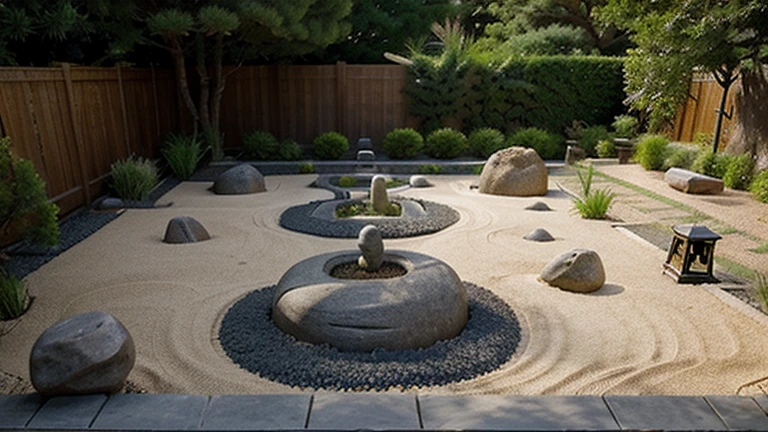 Generates an image of a Zen garden with stones, du sable et des plantes.