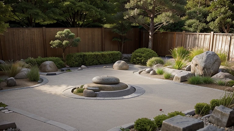Generates an image of a Zen garden with stones, du sable et des plantes.