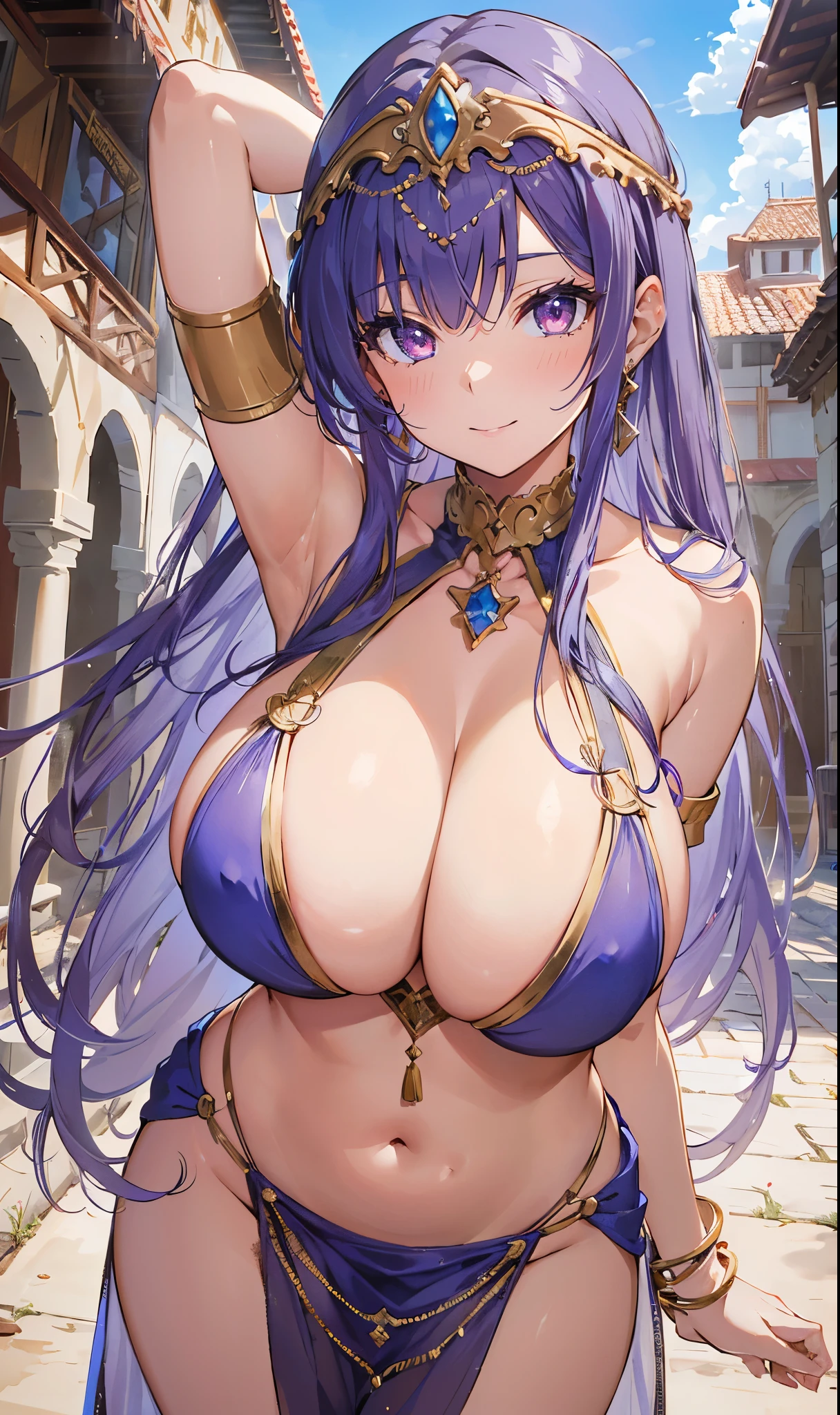 high quality, ultra detailed, best quality, insanely detailed, beautiful, masterpiece, 1girl, plaza, medieval Europe, cowboy shot, red eyes, long hair, light purple hair, (belly dancer, harem outfit, pelvic curtain:1.2), purple costume, bare legs, circlet, earrings, armlets, bracelets, bashful smile, dancing, large breasts, cleavage, soft stomach