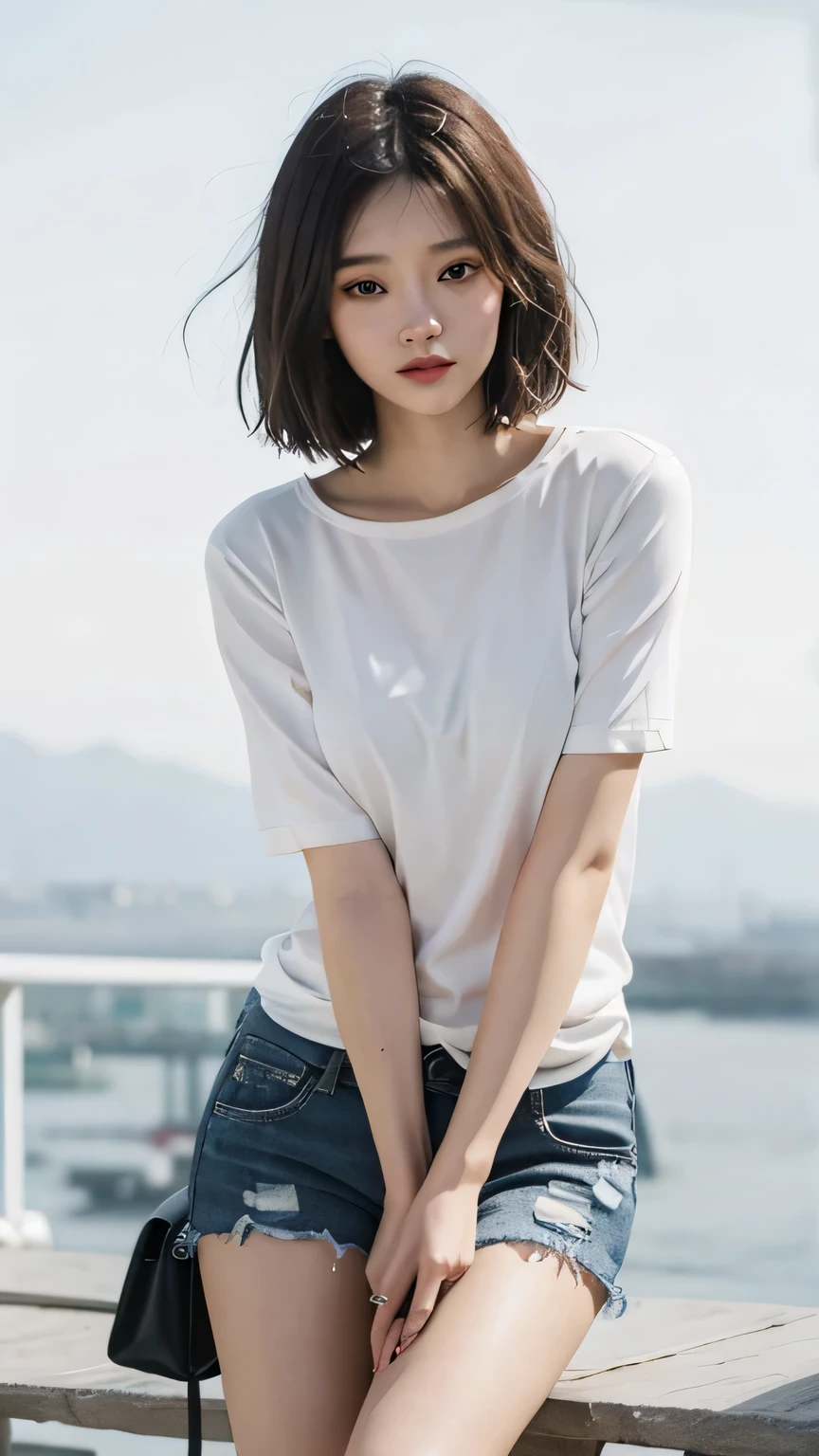 Arafad photo of woman holding camera, short hair, 8K portrait rendering, xision wu, 24 year old female model, actual. Cheng Yi, yanjun chengt, e-girl, e-girl, Photo of slim girl model, Keep hair and facial features intact, Xintong Chen, Southeast Asian round face, China model,Full body picture,standing posture,Wear denim shorts,The clothing has a modern sci-fi feel,beautiful figure,Oriental female image,boots on feet,Sexy,ease,professional femininity,Strong skin texture
