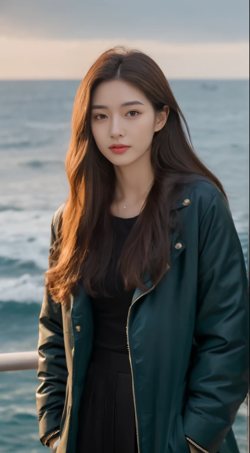 (night, need, 8k, masterpiece:1.3)), Full body female love, long legs, focus:1.2, Beautiful woman with perfect body:1.4, Slim abs:1.1, ((Dark brown hair, big:1.2 )), (coat，face camera:1.2,), ((Ocean，:1.3)), Highly detailed facial and skin textures, delicate eyes, double eyelids，flying long hair，full-body shot，sisterhood，Girlfriends taking photos together