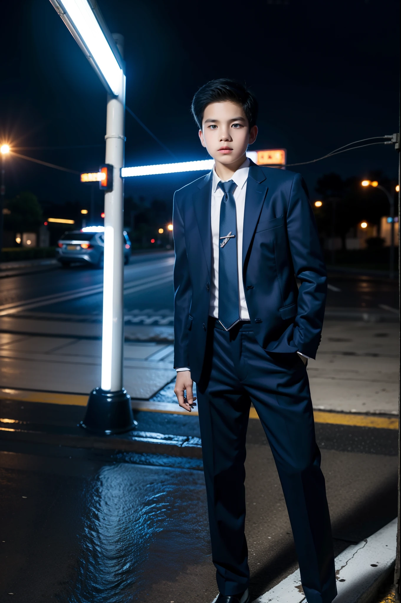 A 15 years old boy wear a tie with blue or black suit standing on the street lamp