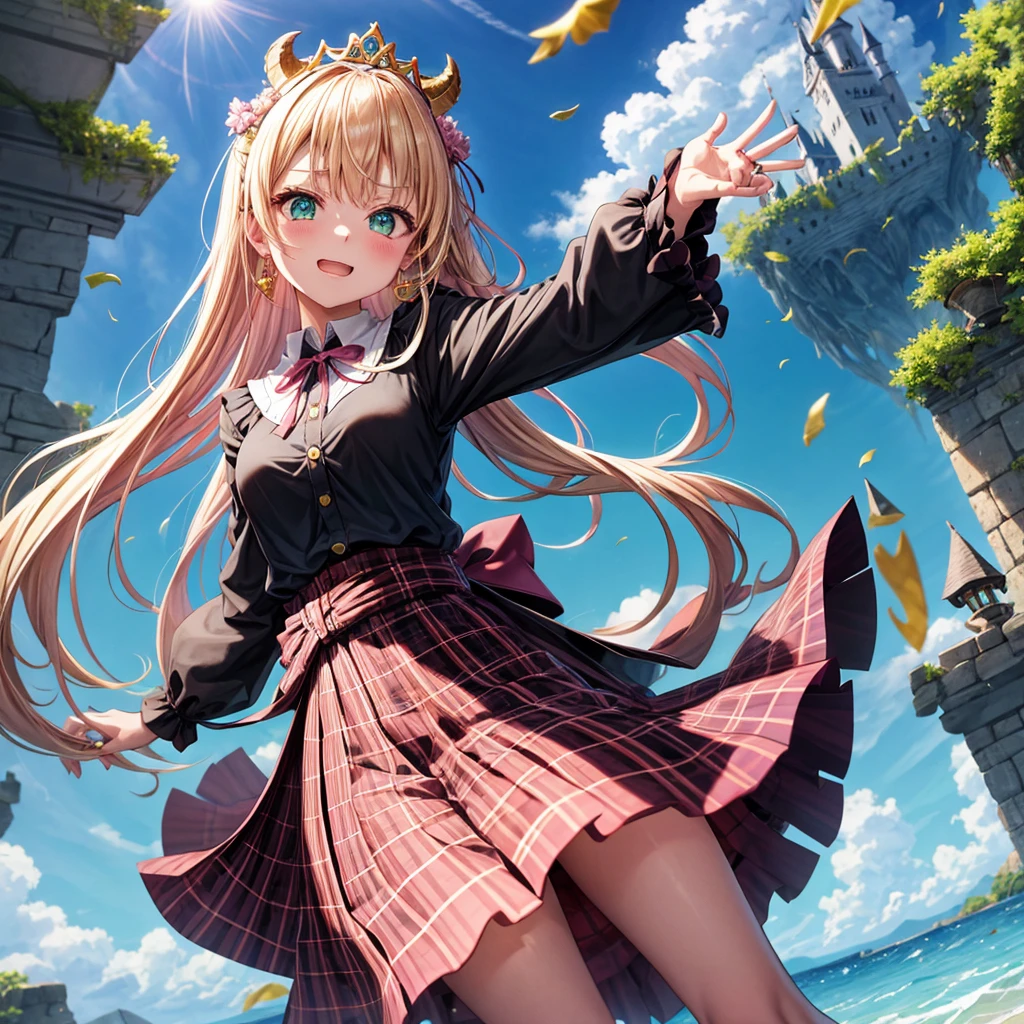 pink blonde、green eyes、one good looking girl、solo、anime、plaid mini skirt、the skirt has buttons、black camisole、black t-shirt、dress、wearing a ribbon、ribbon at waist、cloak、hood、clouds are swirling、stone slabs are piled up、one hand raised、crystal earrings、sun、teeth are visible、splash of water、monster castle、ceiling、golden key、jewelry necklace、tiara、Light and shadow