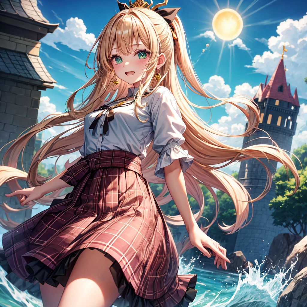 pink blonde、green eyes、one good looking girl、solo、anime、plaid mini skirt、the skirt has buttons、black camisole、black t-shirt、dress、wearing a ribbon、ribbon at waist、cloak、hood、clouds are swirling、stone slabs are piled up、one hand raised、crystal earrings、sun、teeth are visible、splash of water、monster castle、ceiling、golden key、jewelry necklace、tiara、Light and shadow