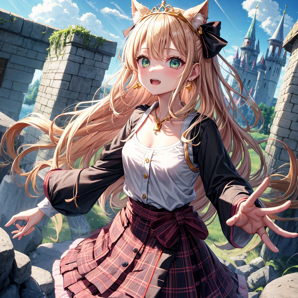 pink blonde、green eyes、one good looking girl、solo、anime、plaid mini skirt、the skirt has buttons、black camisole、black t-shirt、dress、wearing a ribbon、ribbon at waist、cloak、hood、clouds are swirling、stone slabs are piled up、one hand raised、crystal earrings、sun、teeth are visible、splash of water、monster castle、ceiling、golden key、jewelry necklace、tiara、Light and shadow