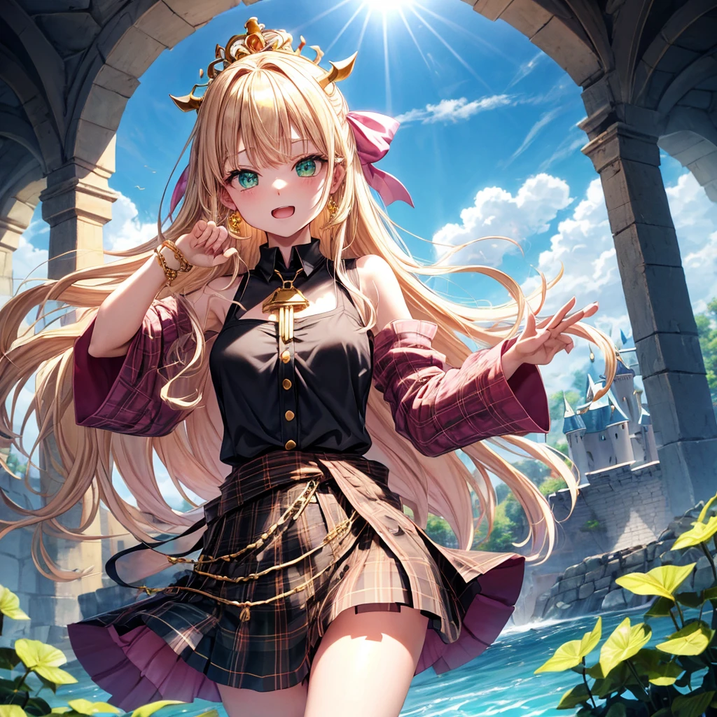 pink blonde、green eyes、one good looking girl、solo、anime、plaid mini skirt、the skirt has buttons、black camisole、black t-shirt、dress、wearing a ribbon、ribbon at waist、cloak、hood、clouds are swirling、stone slabs are piled up、one hand raised、crystal earrings、sun、teeth are visible、splash of water、monster castle、ceiling、golden key、jewelry necklace、tiara、Light and shadow