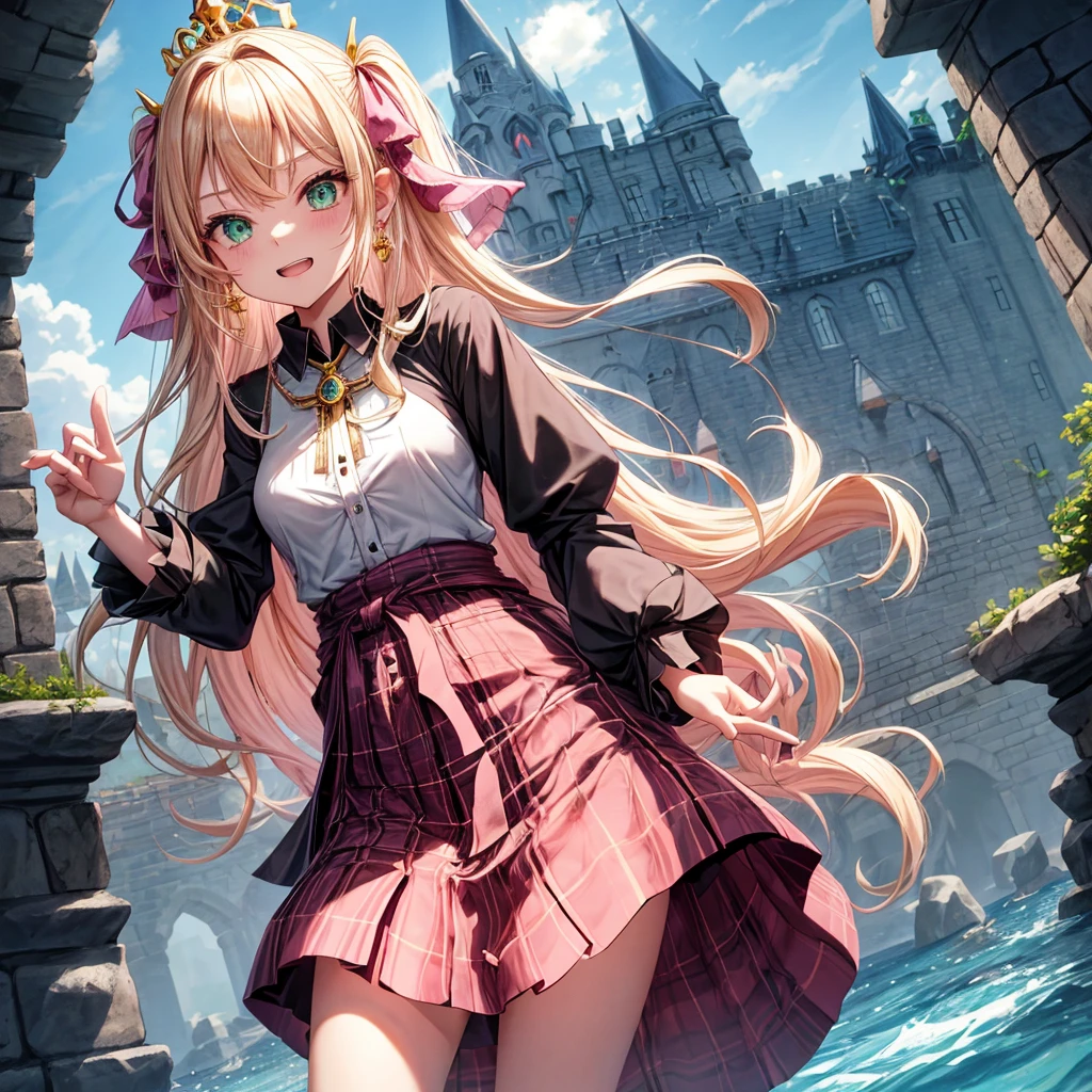 pink blonde、green eyes、one good looking girl、solo、anime、plaid mini skirt、the skirt has buttons、black camisole、black t-shirt、dress、wearing a ribbon、ribbon at waist、cloak、hood、clouds are swirling、stone slabs are piled up、one hand raised、crystal earrings、sun、teeth are visible、splash of water、monster castle、ceiling、golden key、jewelry necklace、tiara、Light and shadow