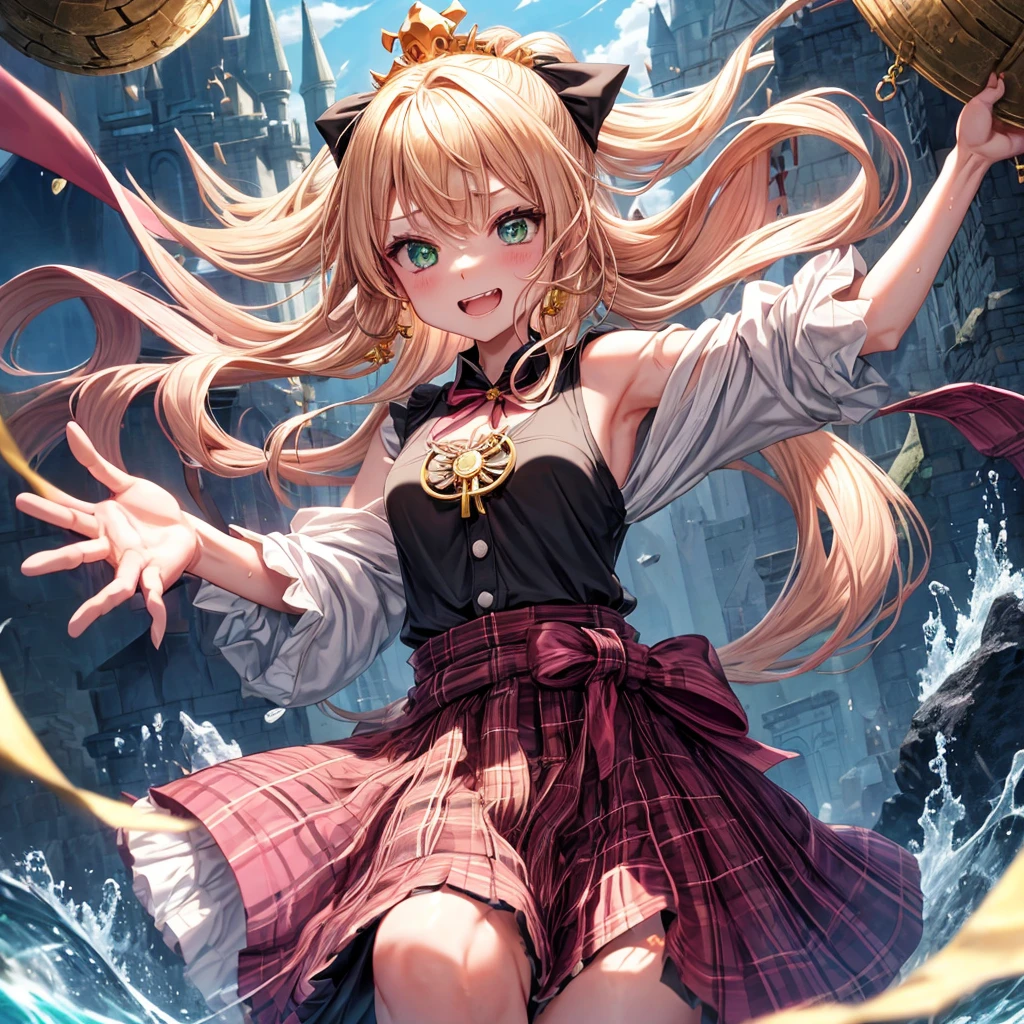 pink blonde、green eyes、one good looking girl、solo、anime、plaid mini skirt、the skirt has buttons、black camisole、black t-shirt、dress、wearing a ribbon、ribbon at waist、cloak、hood、clouds are swirling、stone slabs are piled up、one hand raised、crystal earrings、sun、teeth are visible、splash of water、monster castle、ceiling、golden key、jewelry necklace、tiara、Light and shadow