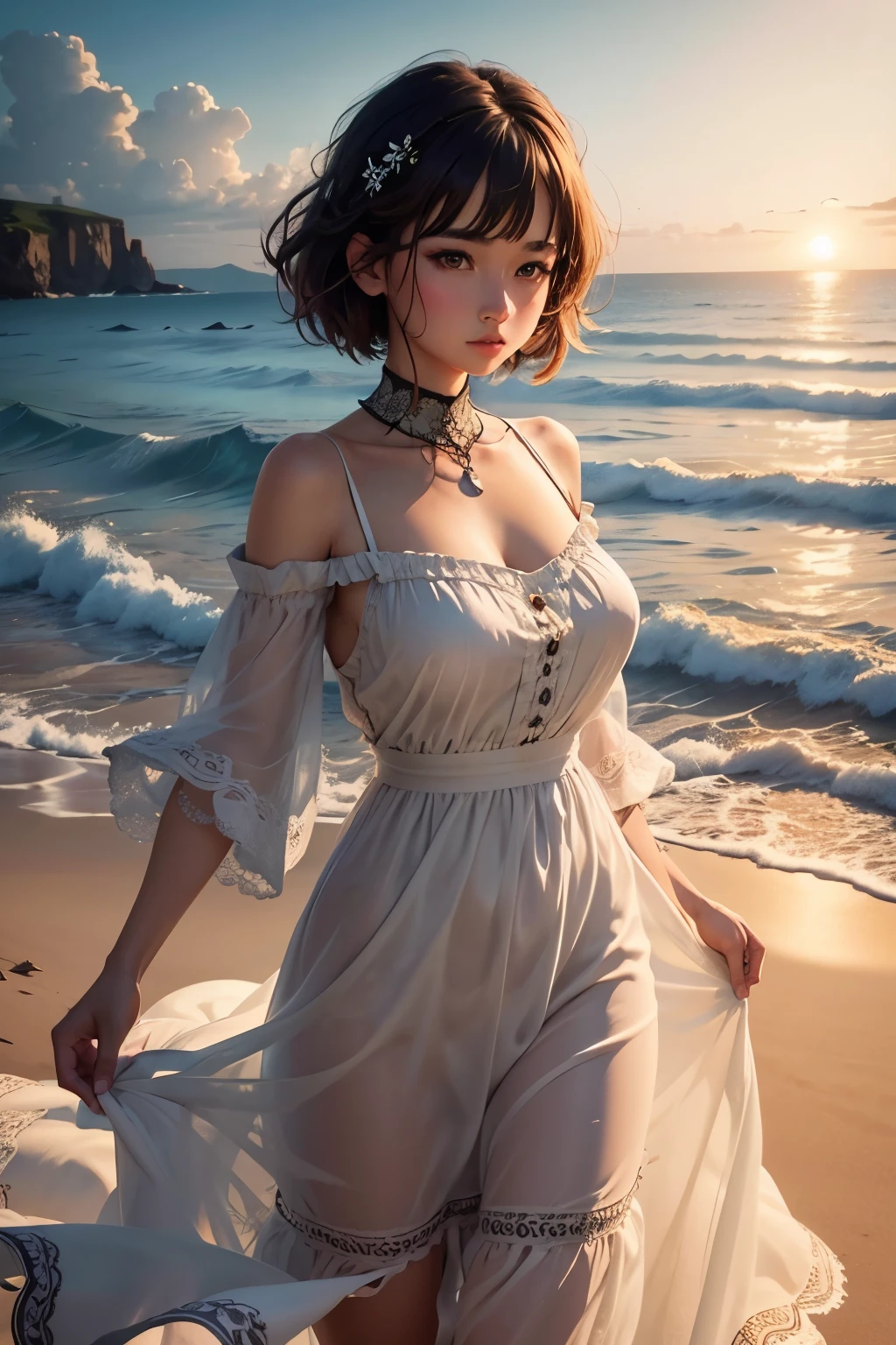 masterpiece、Massive landscape((Mysterious Sea、sand beach))、a beauty girl、huge tit、Brown hair short hair、Embroidery on a long dress 、hair adornments