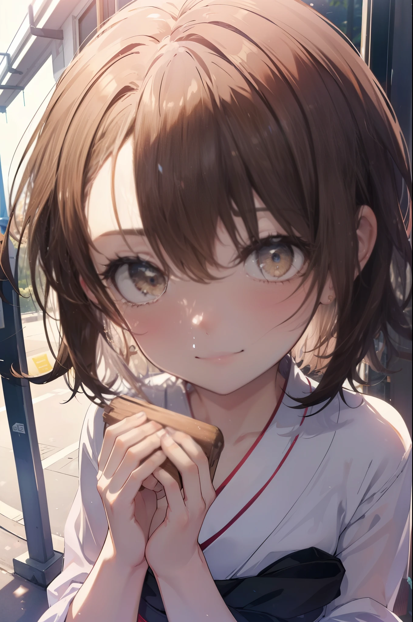 irohaisshiki, iroha isshiki, short hair, brown hair, (brown eyes:1.5), blush,smile,white yukata,red long hakama,white foot bag,Zori sandals,whole body,whole bodyがイラストに入り込むように, 
break outdoors, shrine,
break looking at viewer,
break (masterpiece:1.2), highest quality, High resolution, unity 8k wallpaper, (figure:0.8), (detailed and beautiful eyes:1.6), highly detailed face, perfect lighting, Very detailed CG, (perfect hands, perfect anatomy),