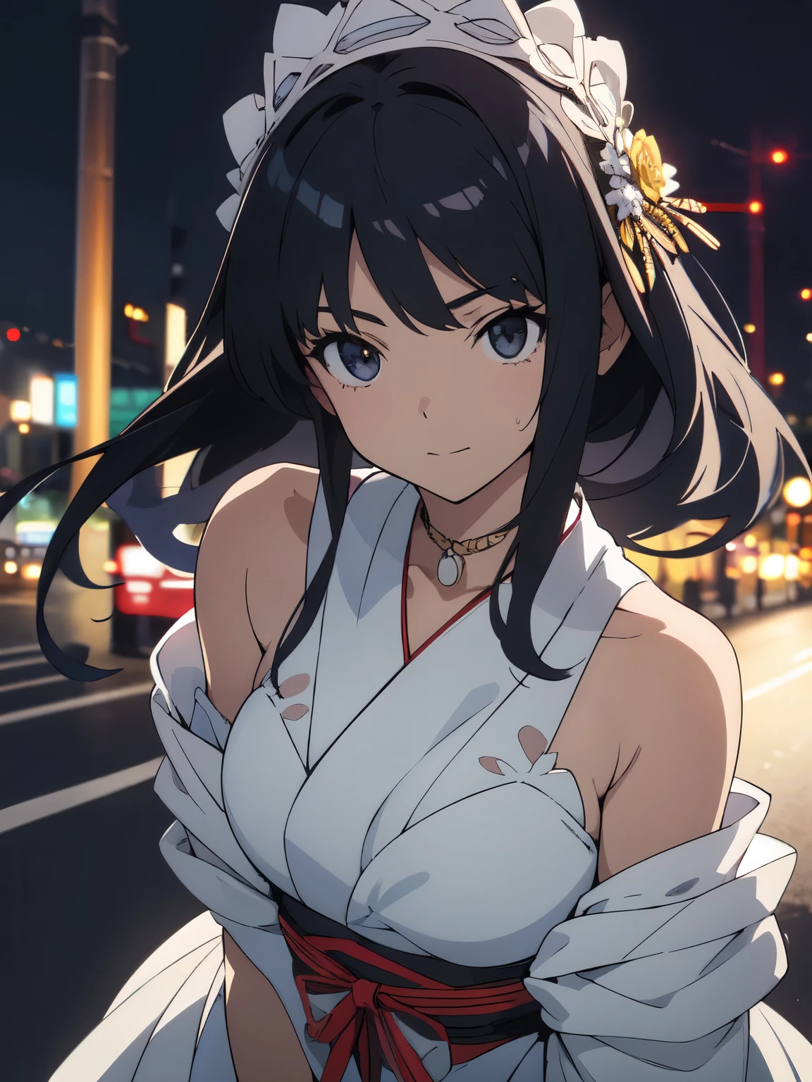 masterpiece、High quality、super detailed、(Sweat:0.7),pale yellow wedding dress,white short skirt,woman,Japanese,exquisite face, beautiful face,bare shoulders,shoulders are slightly exposed,transparent skin,black eye,black hair,(anime:1.4),animeアートな詳細, High resolution,Bokeh,excellent details