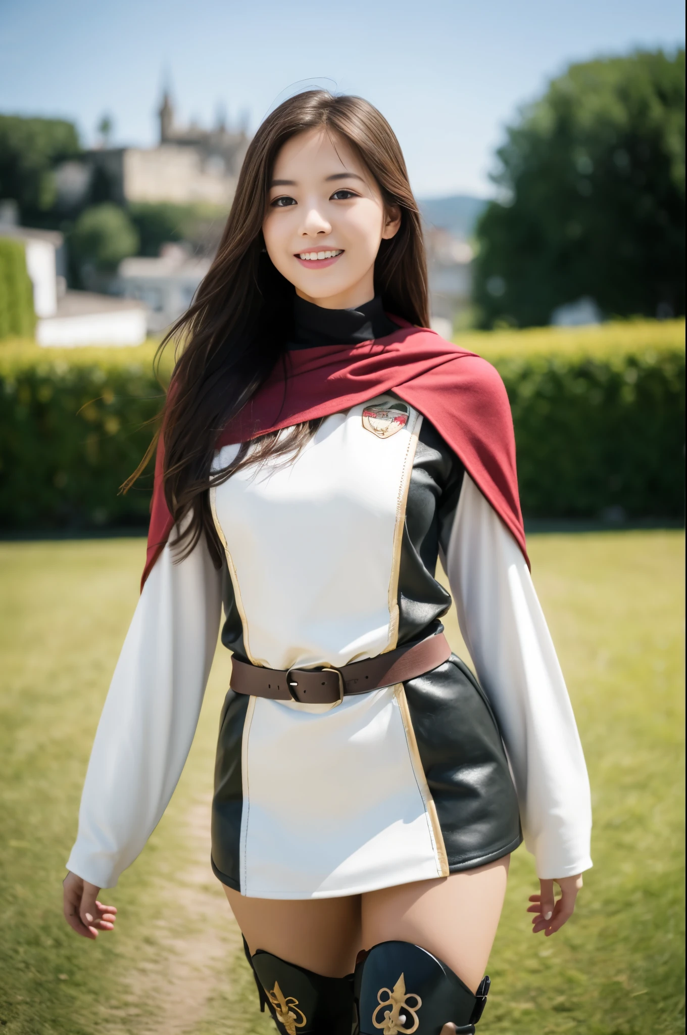 (((knight tabard))),(((Emblem))), (((standing))),(((hunting boots))),(((bare inner thigh))), ulzzang-6500-v1.1, (Raw photo:1.2), (Photo realistic:1.4), a beautiful detailed girl, extremely detailed eye and face, beautiful detailed eyes, ultra-detailed, High resolution, top-quality, ​masterpiece, highly detailed, 8k wallpaper, Wonderful, finely detail, top-quality, Light on the face, movie lighting, 1girl in, (Festung Hohensalzburg), Beautiful eyes, smile, Opening Mouth
