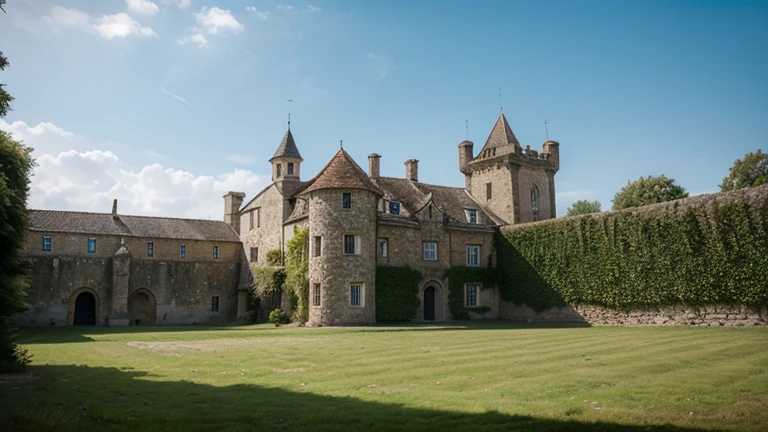 Generates an image of a medieval castle with stone walls, towers and battlements.